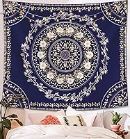 Vista 1 de Lifeel - Tapiz bohemio azul para colgar en la pared, tapiz hippie de mandala, medallón floral con diseño de corona estética blanca, manta decorativa
