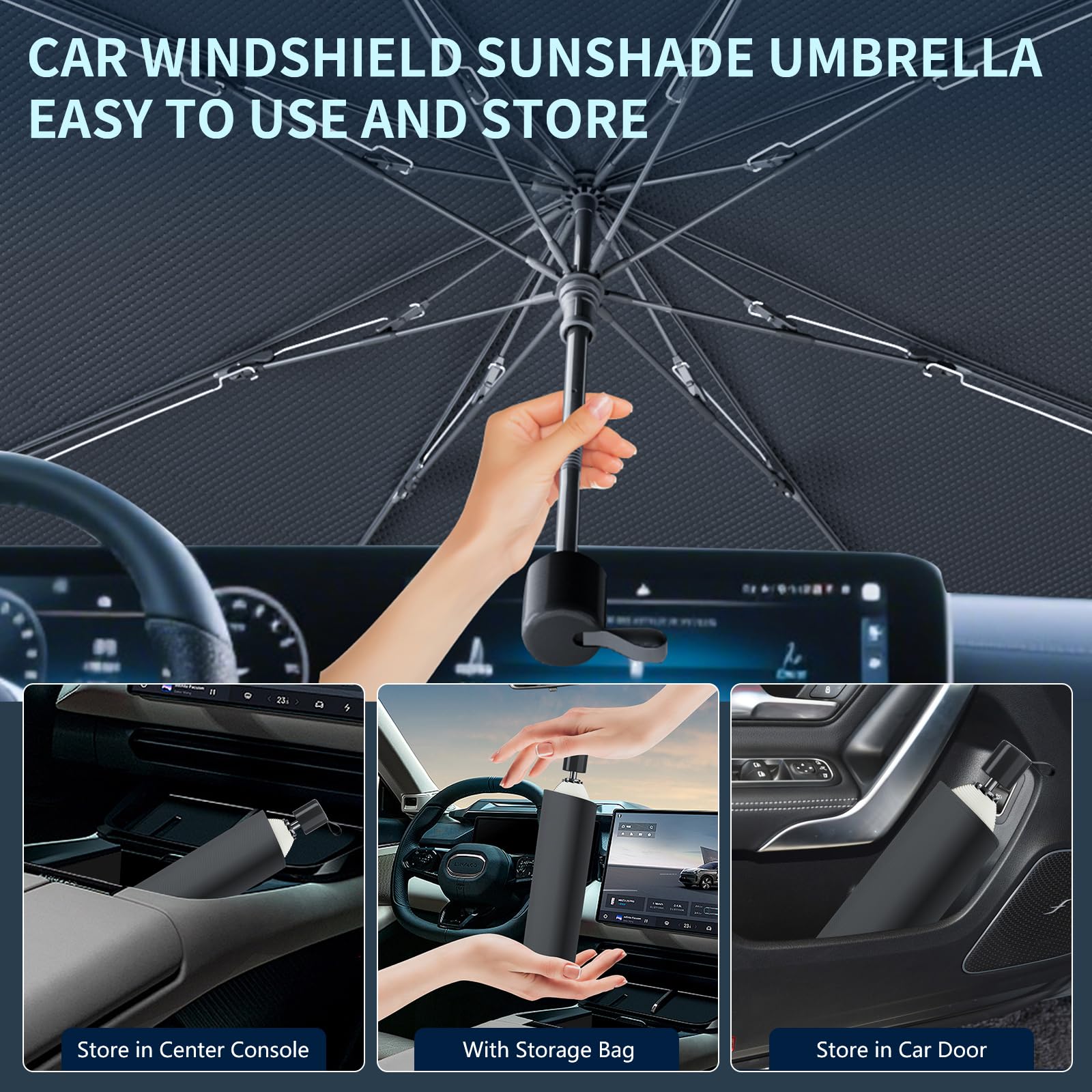 Tecoom - Ombrello parasole per parabrezza dell'auto, 144,8 x 81,3 cm, pieghevole, con blocco UV, isolamento termico, protezione solare interna dell'auto, universale, per auto, camion, SUV