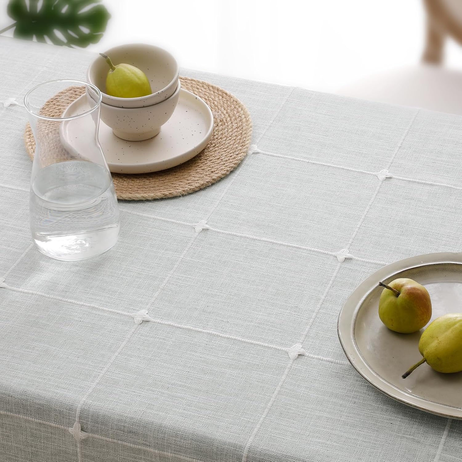 Softalker Outdoor Tablecloth Rectangle, Waterproof Linen Cotton Farmhouse Table Cloths with Tassel, Heavy Weight Wrinkle Free Boho Table Cover for Picnic Camping Dining - 55 x 84 Inch, Grey Plaid