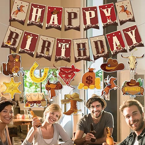 Miniatura 5 de Decoraciones de fiesta de cumpleaños de vaquero, 29 piezas de remolinos colgantes occidentales, decoraciones de fiesta de cumpleaños, remolinos