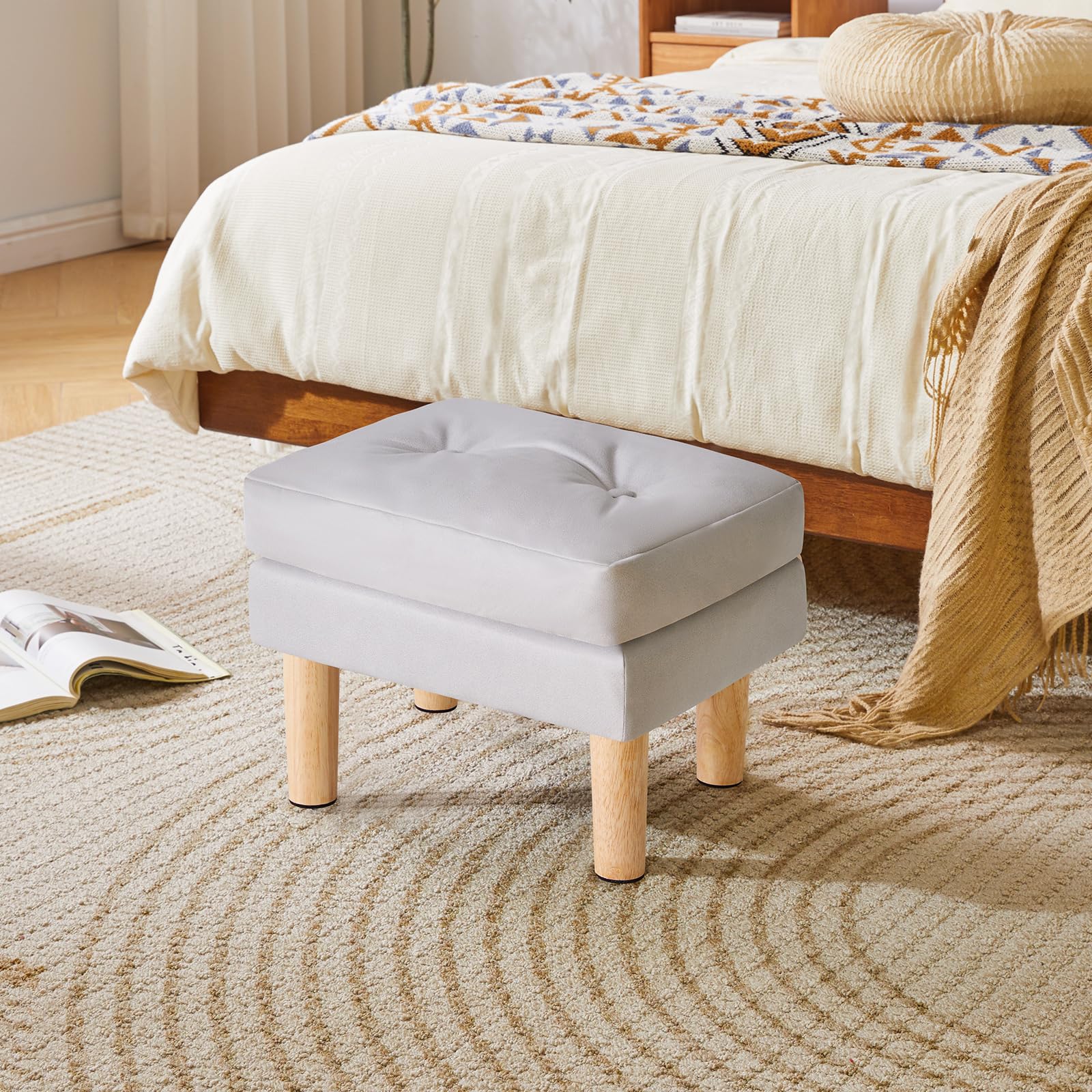 YMYNY Poggiapiedi, Pouf in Ecopelle, Superficie Morbida Rimovibile, Moderno e Sgabello per Camera da Letto, Soggiorno 41.5 x 31.5 x 32CM Grigio HBD041G