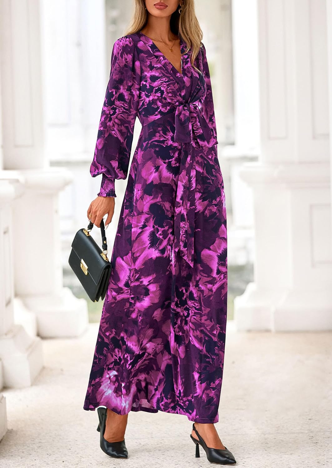 PRETTYGARDEN Women's 2026 Spring Wedding Guest Dresses Floral Long Sleeve V Neck Belted Long Flowy Boho Maxi Dress - Image 3