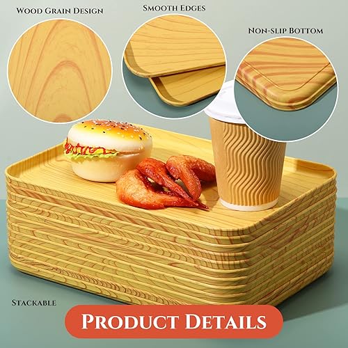 Miniatura 3 de Didaey 12 bandejas de plástico de grano de madera para servir comida rápida, bandejas de cafetería de 12 x 9 pulgadas, bandeja rectangular para