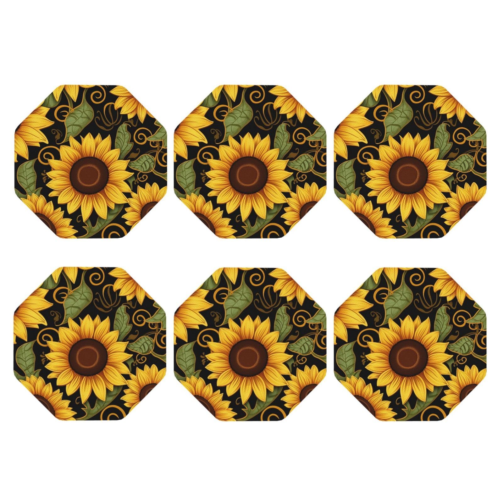 6pcs Leather Coasters for Drinks, Beautiful Sunflower Drink Coasters for Tabletop Protection, 4" Cup Coasters for Coffee Table Decor, Non-Slip Drinking Cup Mat for Hot Or Cold Drink