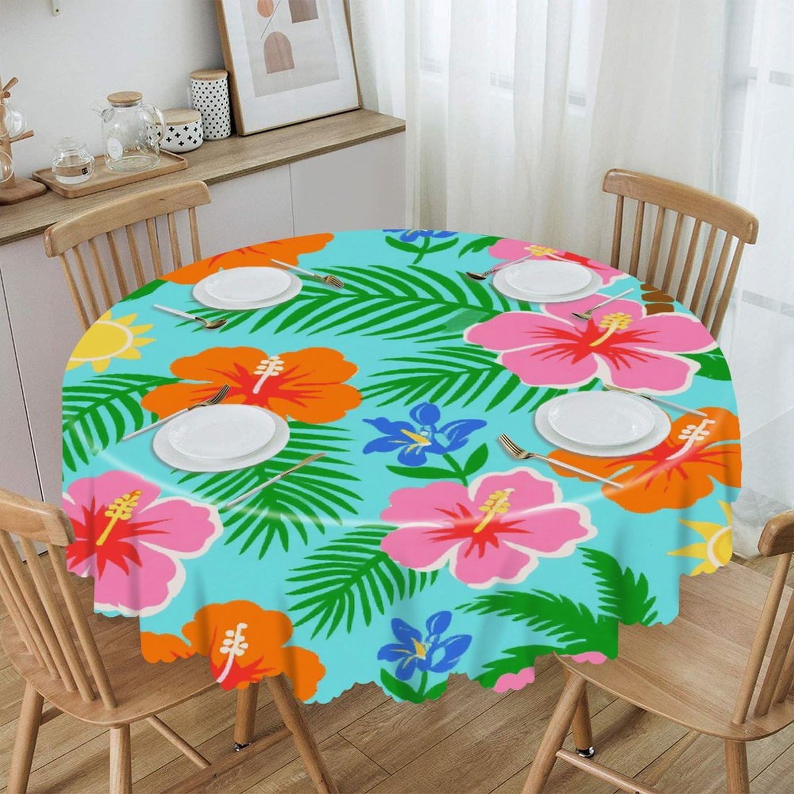 FekiLoot Tropical Flower Print Round Tablecloths 60 Inch Resistant Washable Polyester Table Cloth Style Decorative Circle Fabric Table Cover for Dining Kitchen Party Farmhouse Outdoor