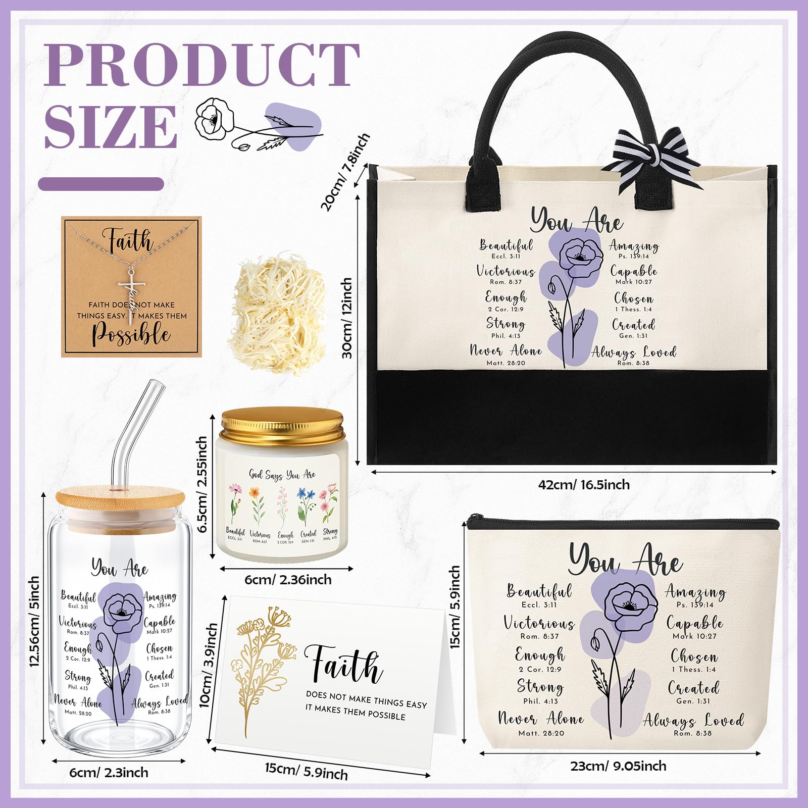 6 Pcs Christian Gifts for Women Faith Set Mother's Day Religious Gift for Women with Tote Bag Makeup Bag Candle Cross Necklace Cup Greeting Card for Church Grad Birthday(You are,Purple)