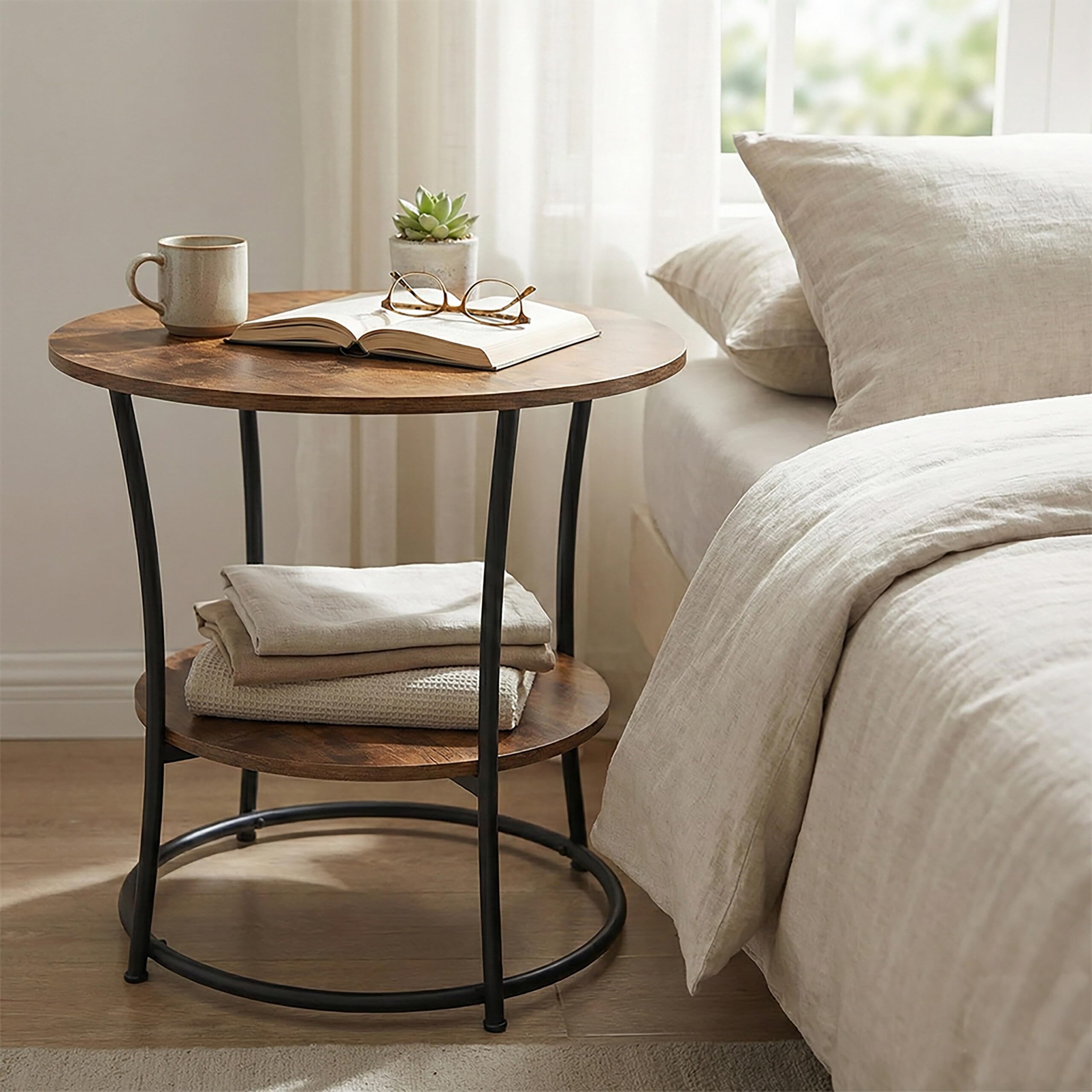 Relaxdays Tavolino Rotondo con 2 Ripiani, Effetto Legno e Metallo, HxD: 55x55 cm, Marrone Scuro/Nero