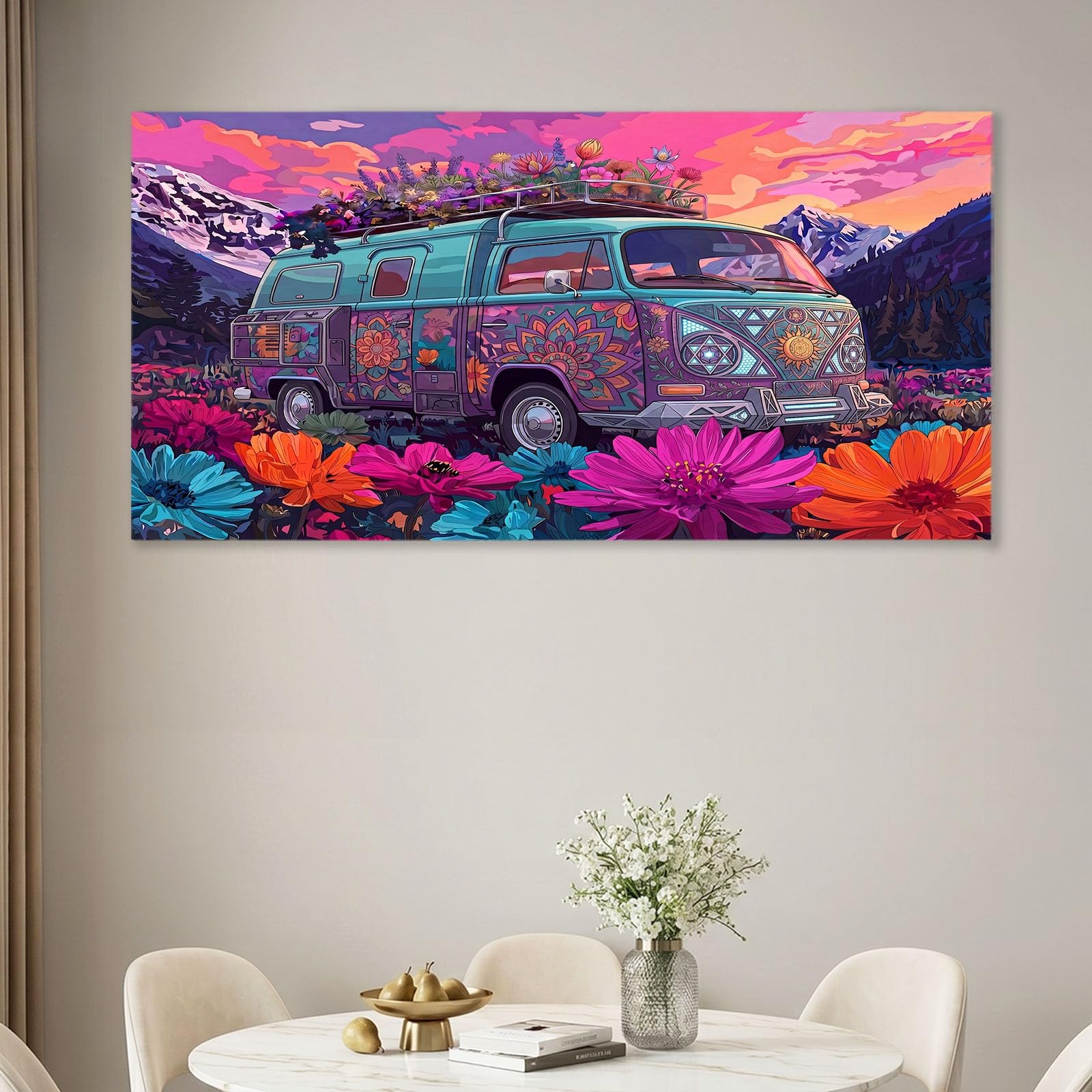 Generisch Lienzo de pared con marco de madera, imágenes de pared estéticas de paisajes cómicos, decoración de pared de flores de autobús, fácil montaje para sala de estar, dormitorio, hogar, 140 x 70