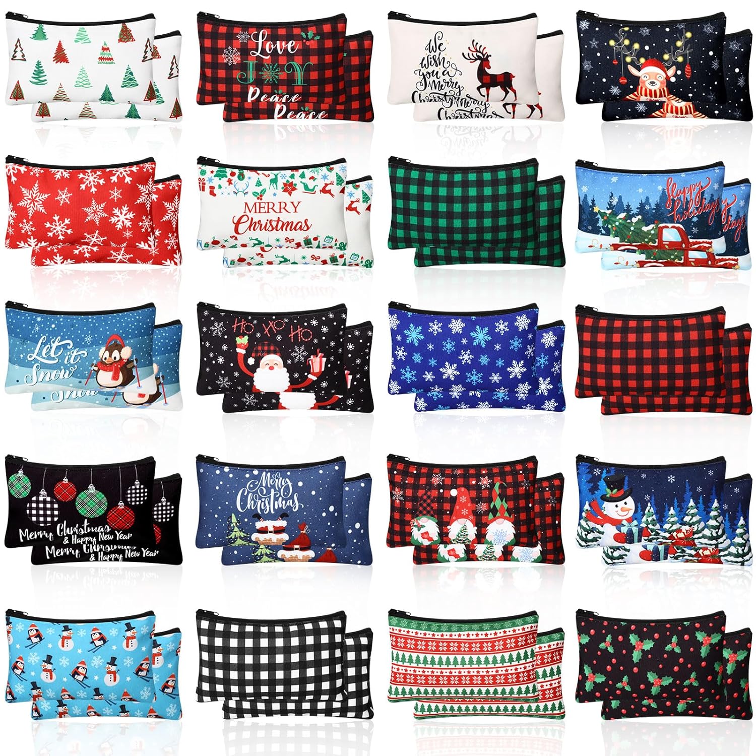 Reginary 60 Pcs Christmas Makeup Bags Bulk Xmas Cosmetic Bags 7 x 4.3 Inches Snowman Snowflake Santa Zipper Pouch Christmas Purses Gifts for Women