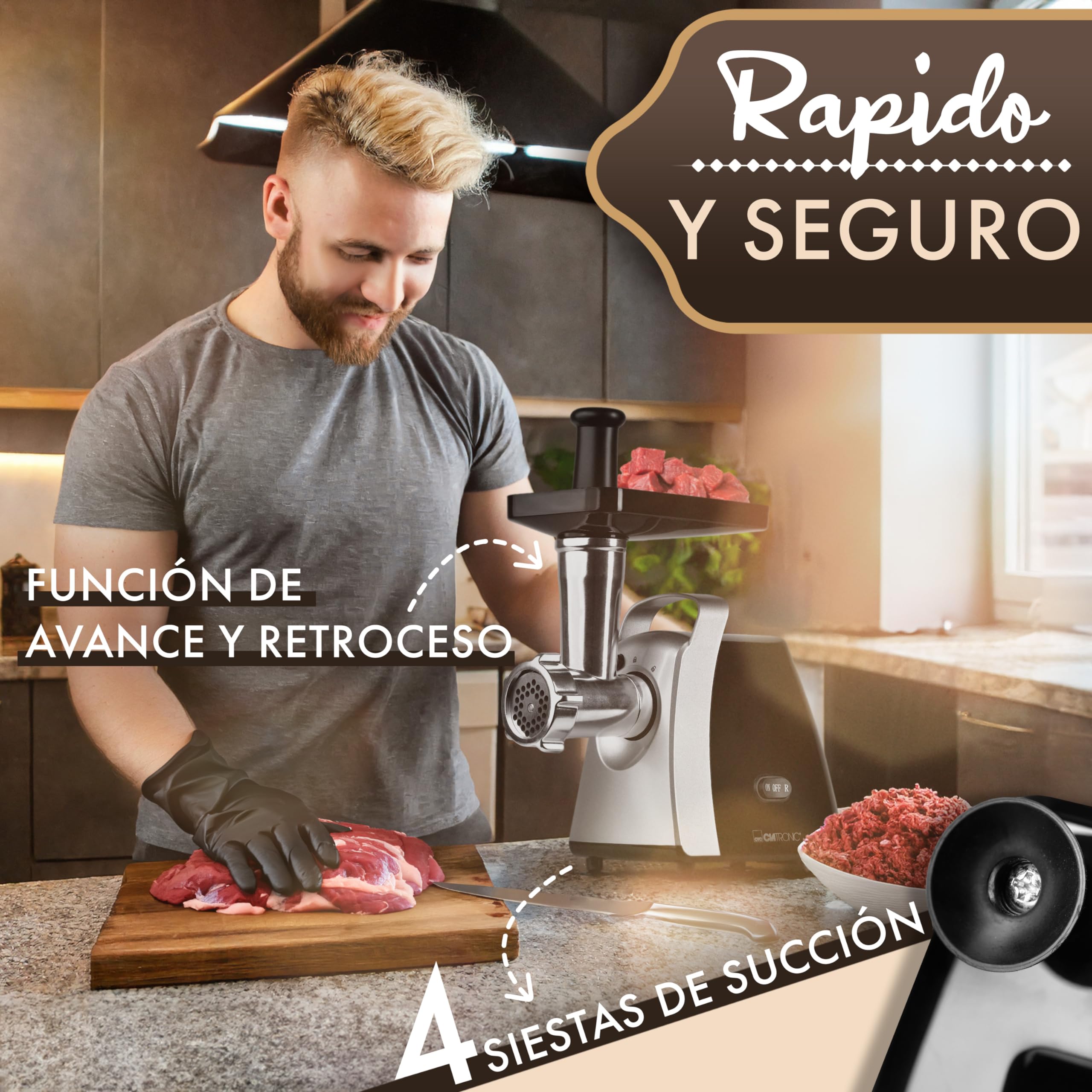 Picadora Clatronic® 1000W | con accesorio para galletas/pastelería | 3 discos metálicos perforados | marcha adelante y marcha atrás | incl. embutidora | cuello metálico y sinfín | FW 3803
