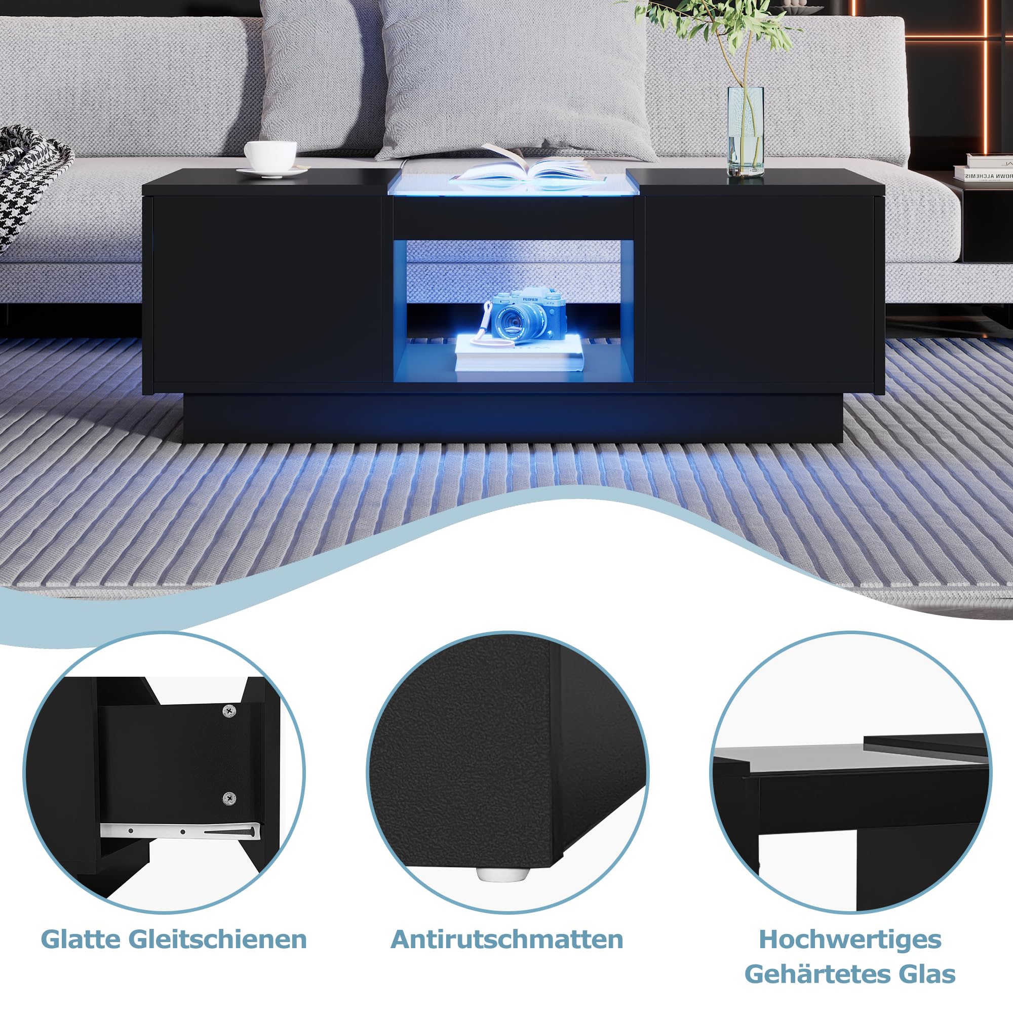 Merax Couchtisch LED Hochglanz, Mitteltisch Teetisch für Wohnzimmer, Schwarz Wohnzimmertisch mit 2 Schubladen und offenes Fach, Rechteckiger Beistelltisch Sofatisch Kaffeetisch, für Schlafzimmer Büro