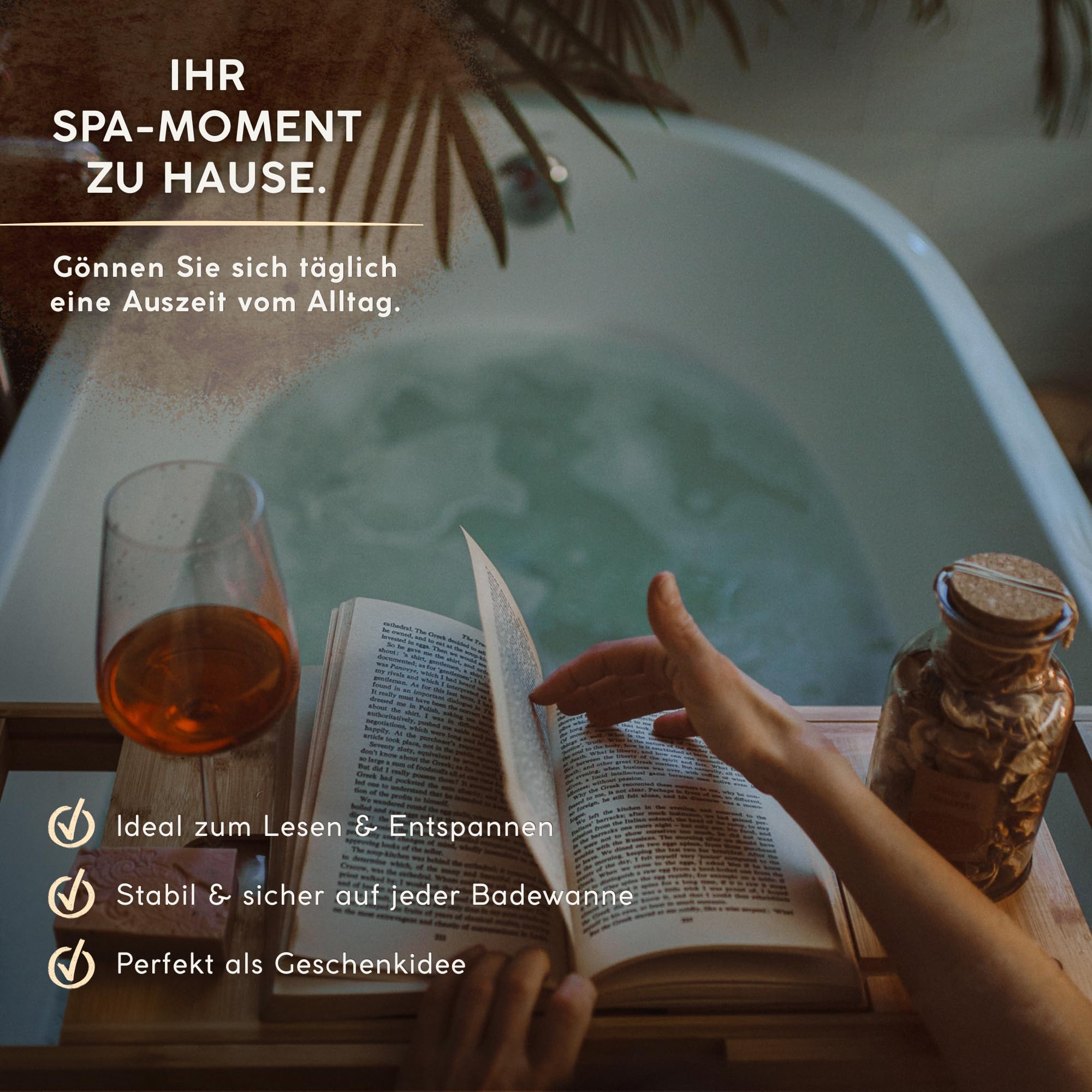 Badewannenablage ausziehbar aus Bambus 70–105 cm – Badewannenbrett mit Tablet- & Buchhalter + Touchscreen-Stift – Badewannentablett verstellbar mit Weinglashalter – Spa Badewannen Zubehör