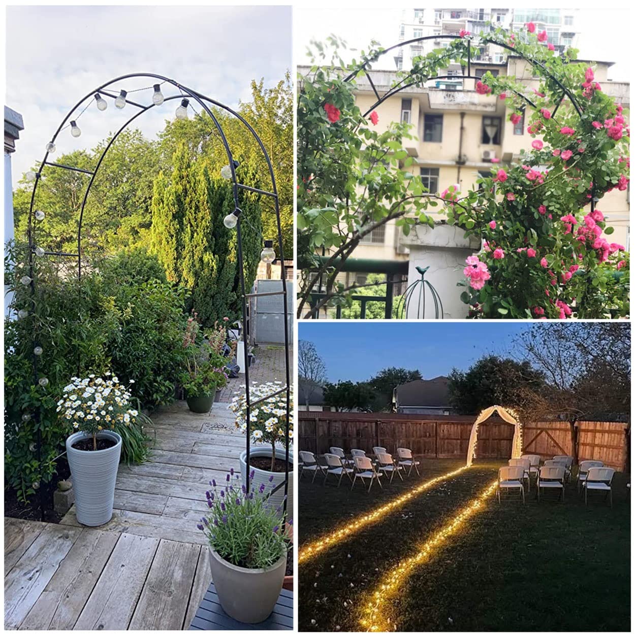 Metalowy stojak na łuk weselny, dekoracyjna pergola ogrodowa z łukiem, do pnączy i roślin, dekoracja na wesele, trawnik, patio, przyjęcie, łatwy montaż (biały łuk, 240 x 220 x 40 cm)