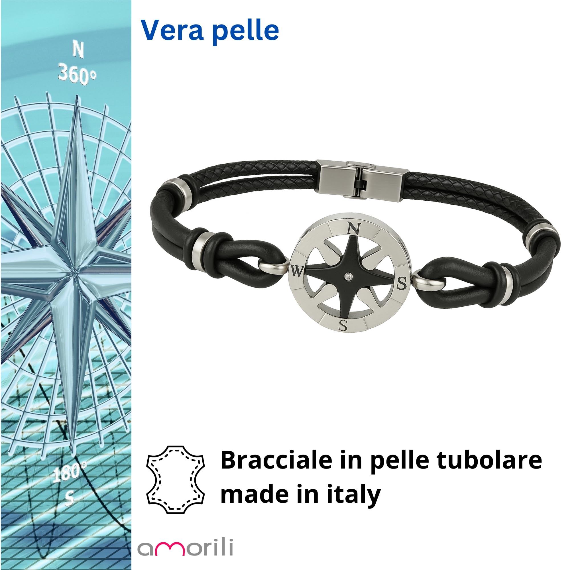 Bracciale Rosa dei Venti Uomo in Acciaio e Pelle Nera – Gioiello Nautico in Acciaio Inox, Design Compass, Idea Regalo Uomo bcc3044