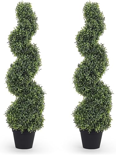 THE BLOOM TIMES Juego de 2 árboles topiarios artificiales en espiral de 3 pies para exteriores, plantas de boj falsas de 36" para exteriores - Árbol