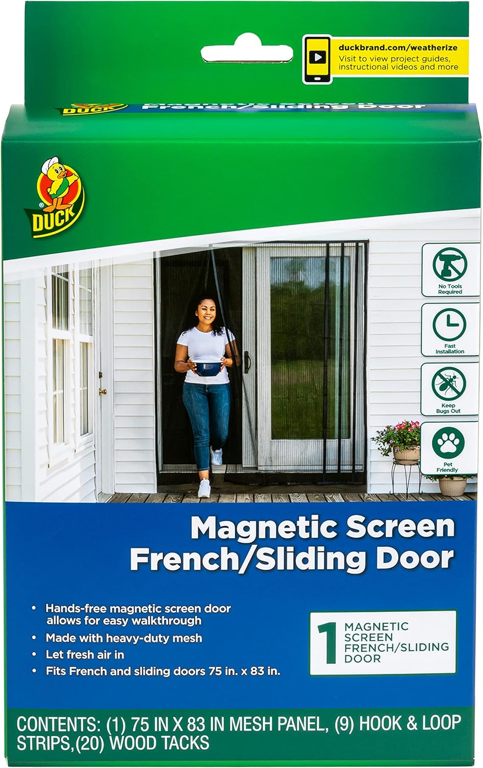 Duck Brand Hands-Free Magnetic Screen Door for French or Sliding Door - Mesh Patio Door and Bug Screen with Magnets - 83 x 75 Inches, Black