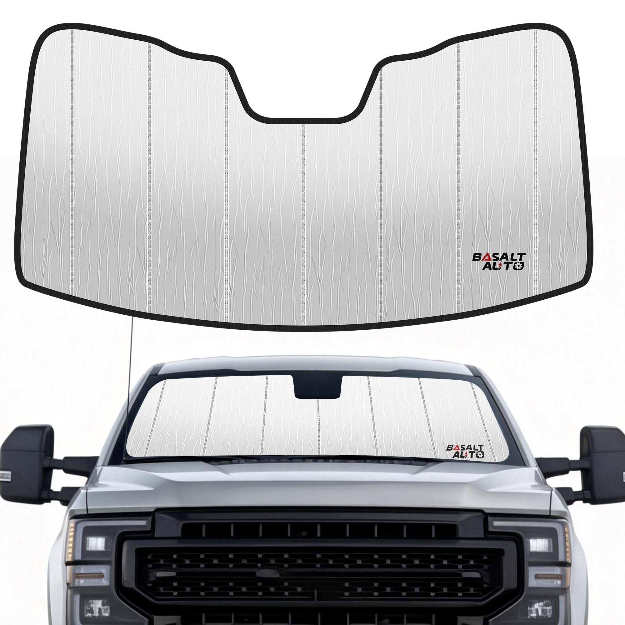 Photo 1 of 2017-2022 F-250/F-350 Windshield Sun Shade Compatible for 2017-2022 Ford F-250/F-350/F-450/F-550/F-600 Super Duty Silver Reflective Foldable Front Sun Visor Sunshade Protector with Storage Bag