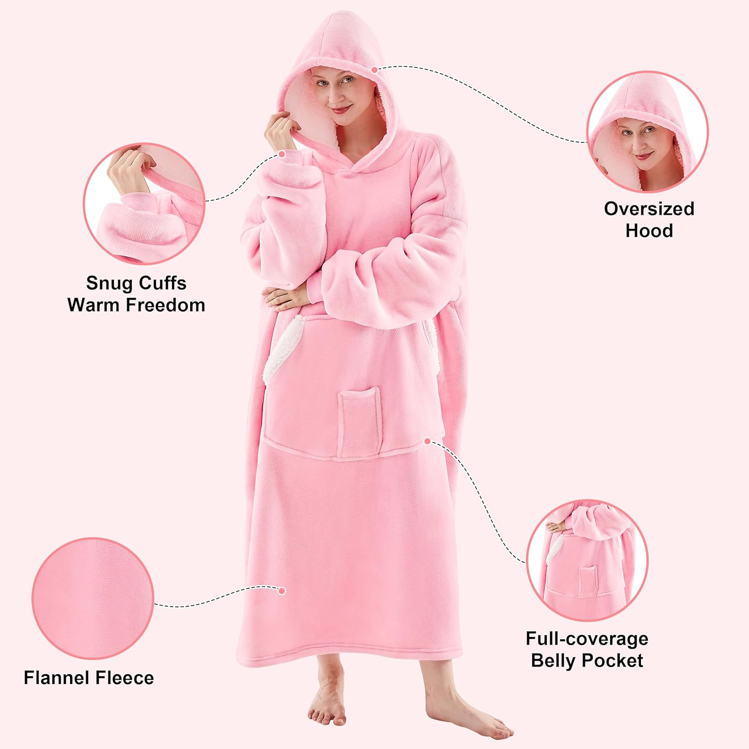 Wearable Blanket Hoodie, Birthday Christmas Gifts for Women Mom Girlfriend, Oversized Cozy and Giant Flannel Sherpa Hooded Sweatshirt Blanket with Hood Pockets & Sleeves, Extra-Long, Pink - Image 3