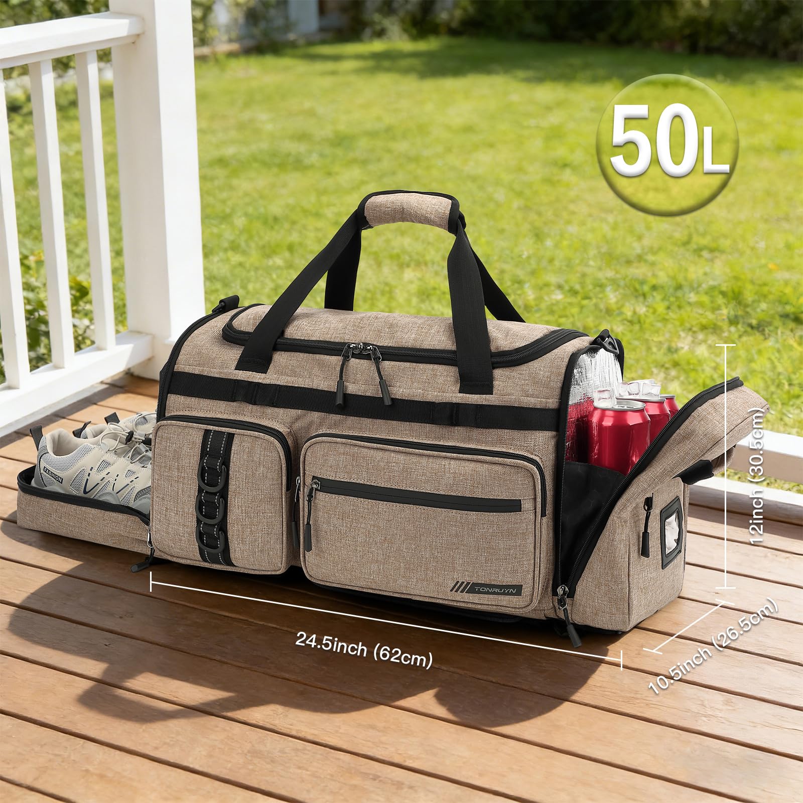 Sac de Sport Homme Femme 50L Sac de Voyage avec Compartiments Chaussures, Compartiment Isotherme et Humide Convertible en Sac à Dos pour Fitness Natation Voyages Weekender Camping (Marron)