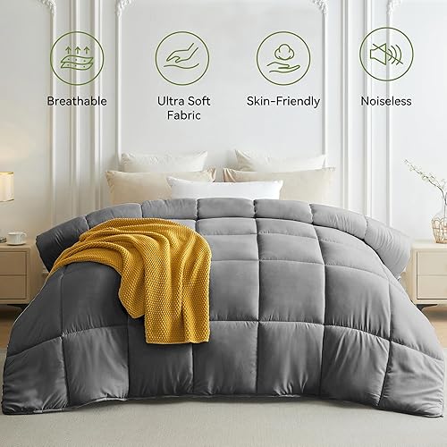 Miniatura 2 de L LOVSOUL Edredón alternativo de plumón tamaño King, relleno de edredón para todas las estaciones con pestañas en las esquinas, edredón gris King de