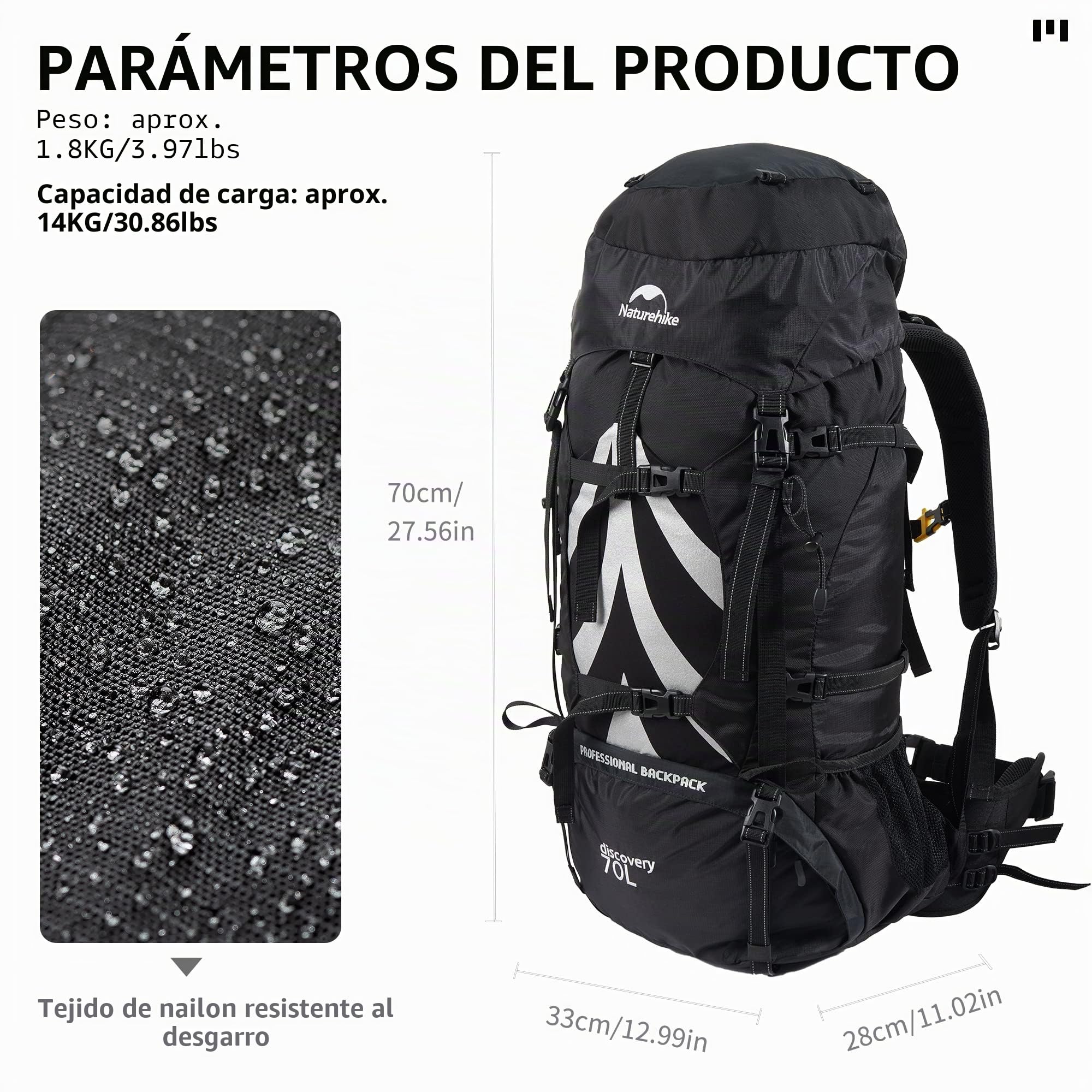 Naturehike Mochila de Senderismo 70L Hombres Mujeres Trekking Mochila Ultraligero Impermeable Mochila Grande Mochila de Viaje con Raincover para al Aire Libre, Montañismo,Camping (Negro)