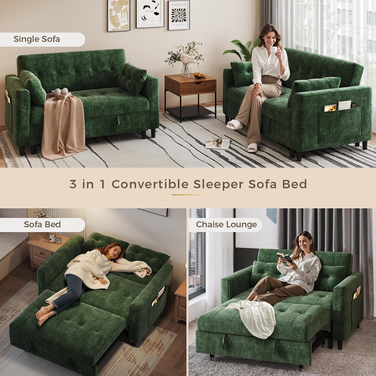 KKL 3 in 1 Convertible Small Sleeper Sofa Bed, Pull Out Couch Bed with Adjustable Backrest, Chenille Loveseat Pullout Couches with Side Pocket for Living Room, Bedroom (Green)
