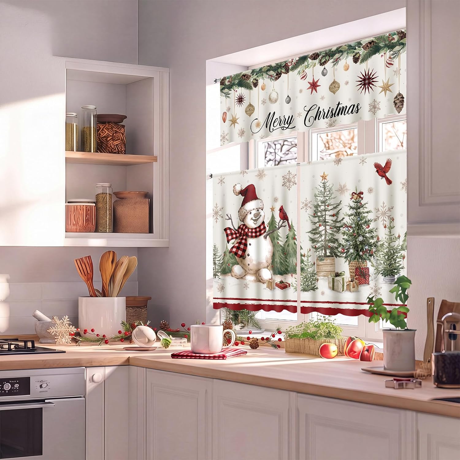 HunnmingRe 3 Pcs Christmas Kitchen Curtain Set, Red Plaid Snowman
