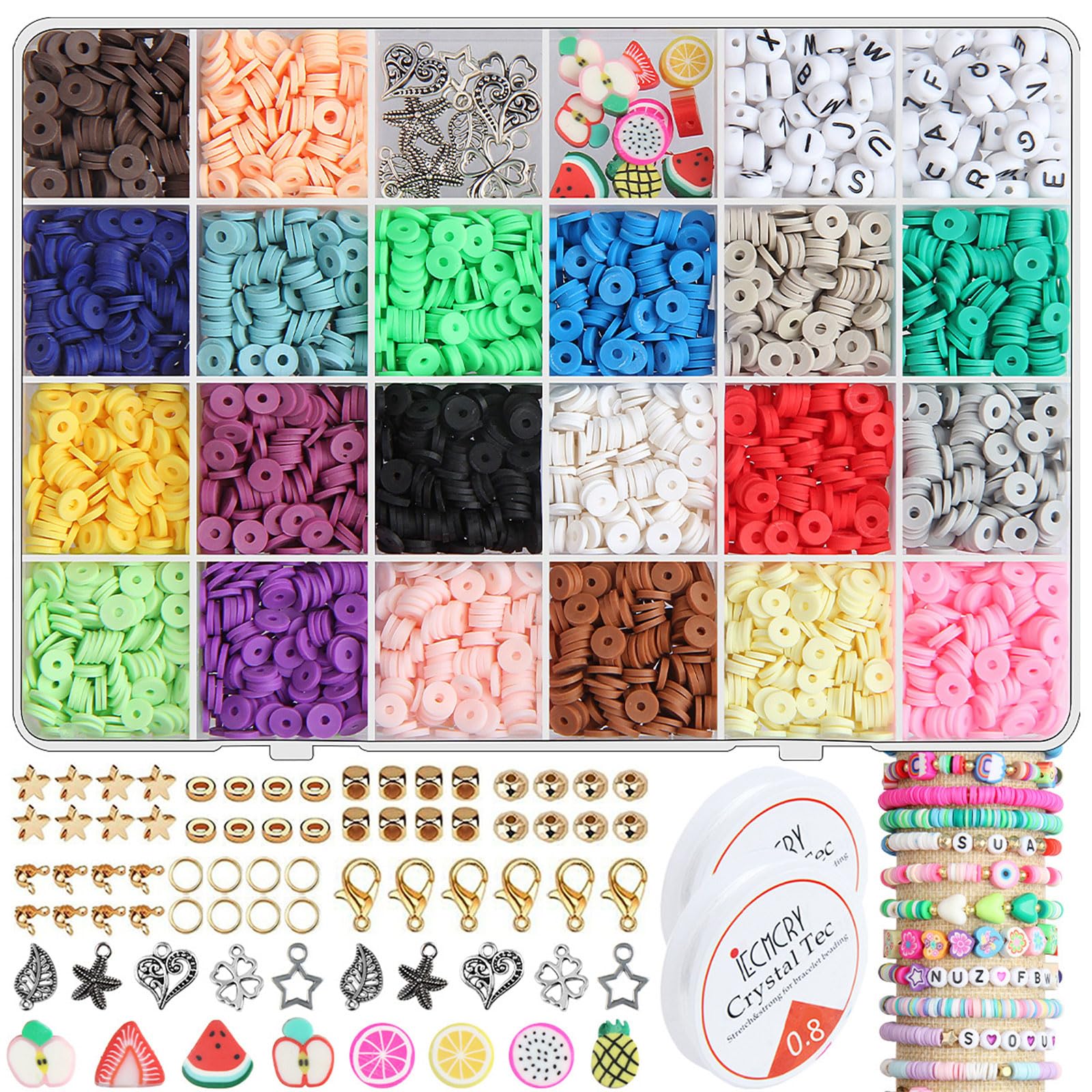 Elnwnnkc Clay Disc Bead Supplies for Jewelry Making, Multicolor Beads with Beads, Charms, Findings and Organizer Box for Phone Charms Clay Bead Making Set Disc Assortment Charm Cord