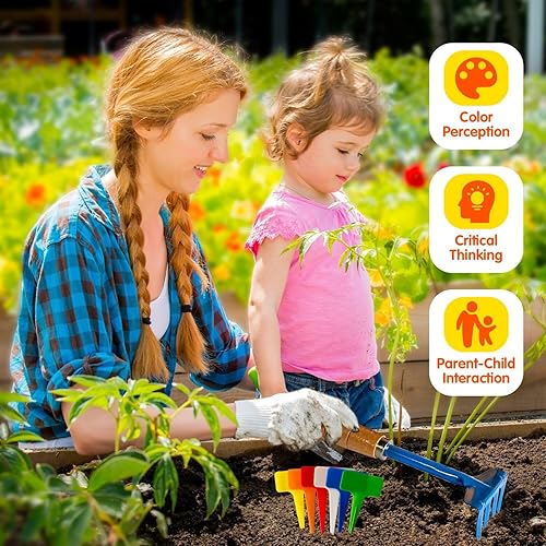 Miniatura 6 de IELEK El juego de herramientas de jardín para niños incluye rastrillo, pala, pala, pala, guantes de delantal, regadera y bolsa de mano, sombrero