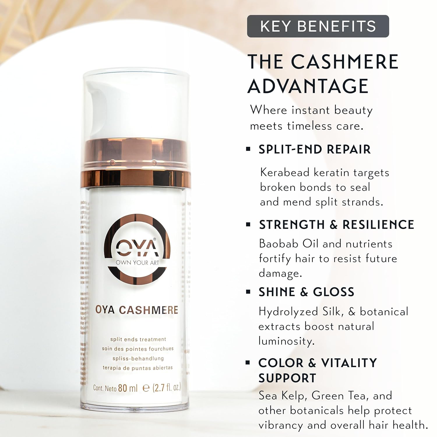 OYA Cashmere Split End Repair Cream – Highly Concentrated Treatment for Dry, Damaged & Color-Treated Hair – Repairs Bonds, Controls Frizz & Strengthens Curly, Fine & Normal Hair – 80 ml / 2.7 fl. oz