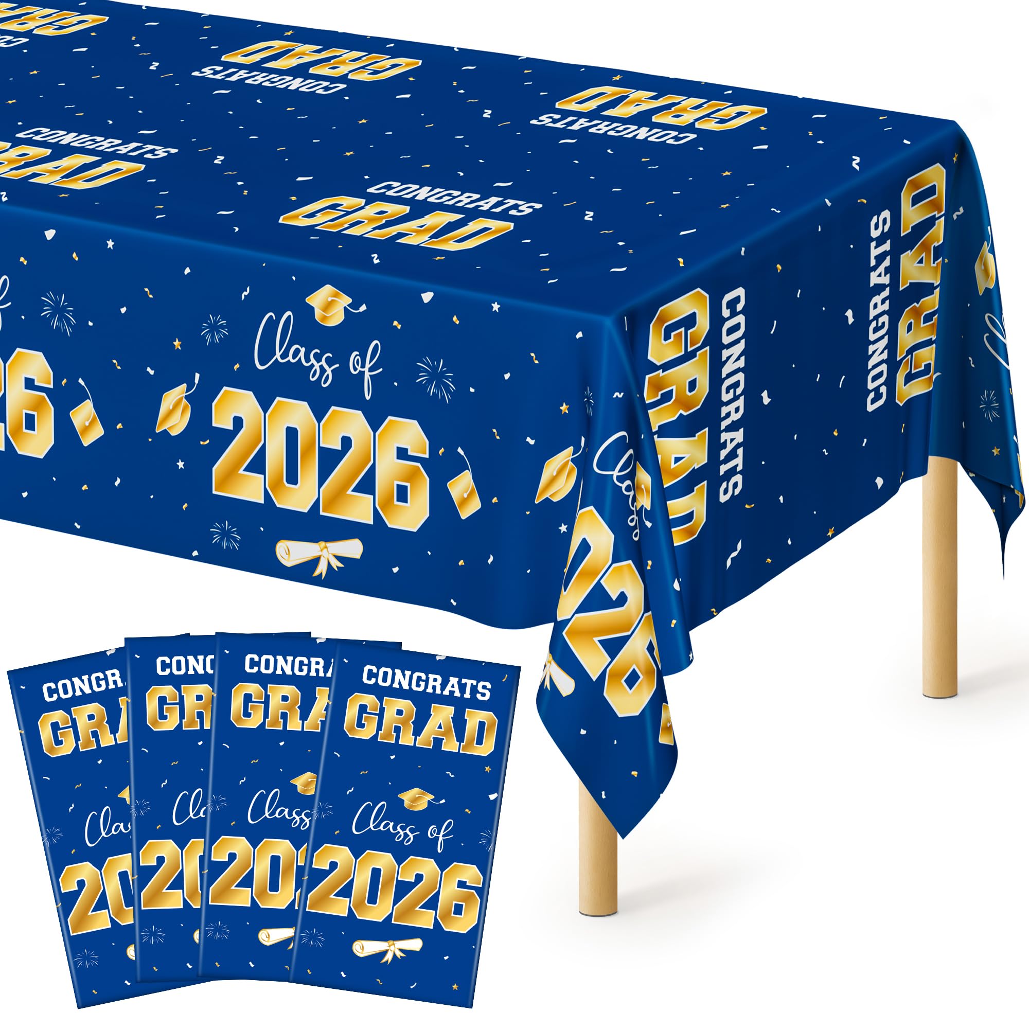 QZYL 4 Pack Graduation Decorations 2026, 54" x 108" Blue and Gold Disposable Graduation Table Cloths, Grad Party Decorations for Class of 2026, Rectangle Plastic Tablecover for College Congrats Grad
