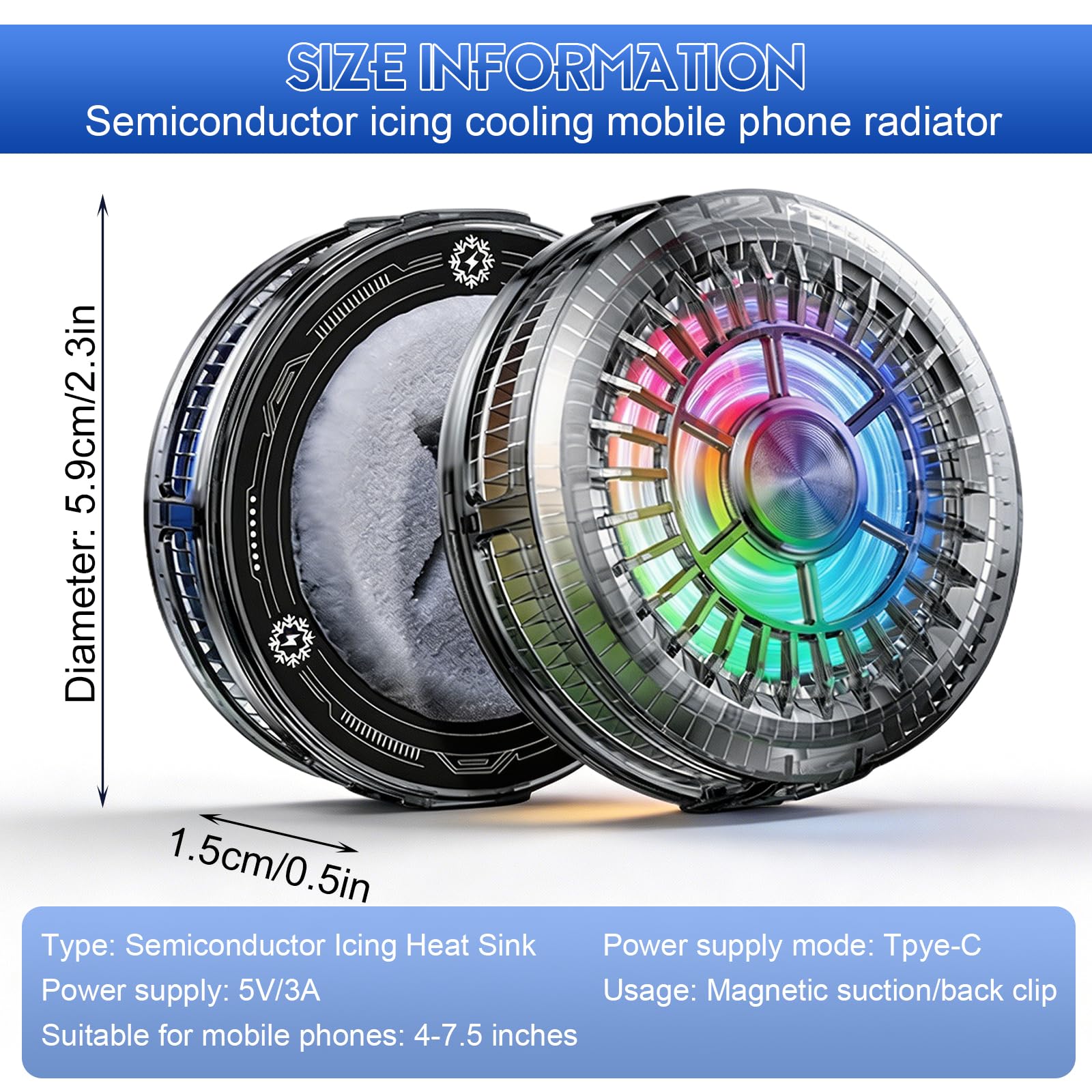 Refroidisseur Téléphone, 5.9X1.9cm Refroidisseur Magnétique, Refroidisseur Telephone Magnétique, Ventilateur Téléphone für Gaming/Live/Streaming/Divertissement, Phones compatibles 4–7,5 Pouces