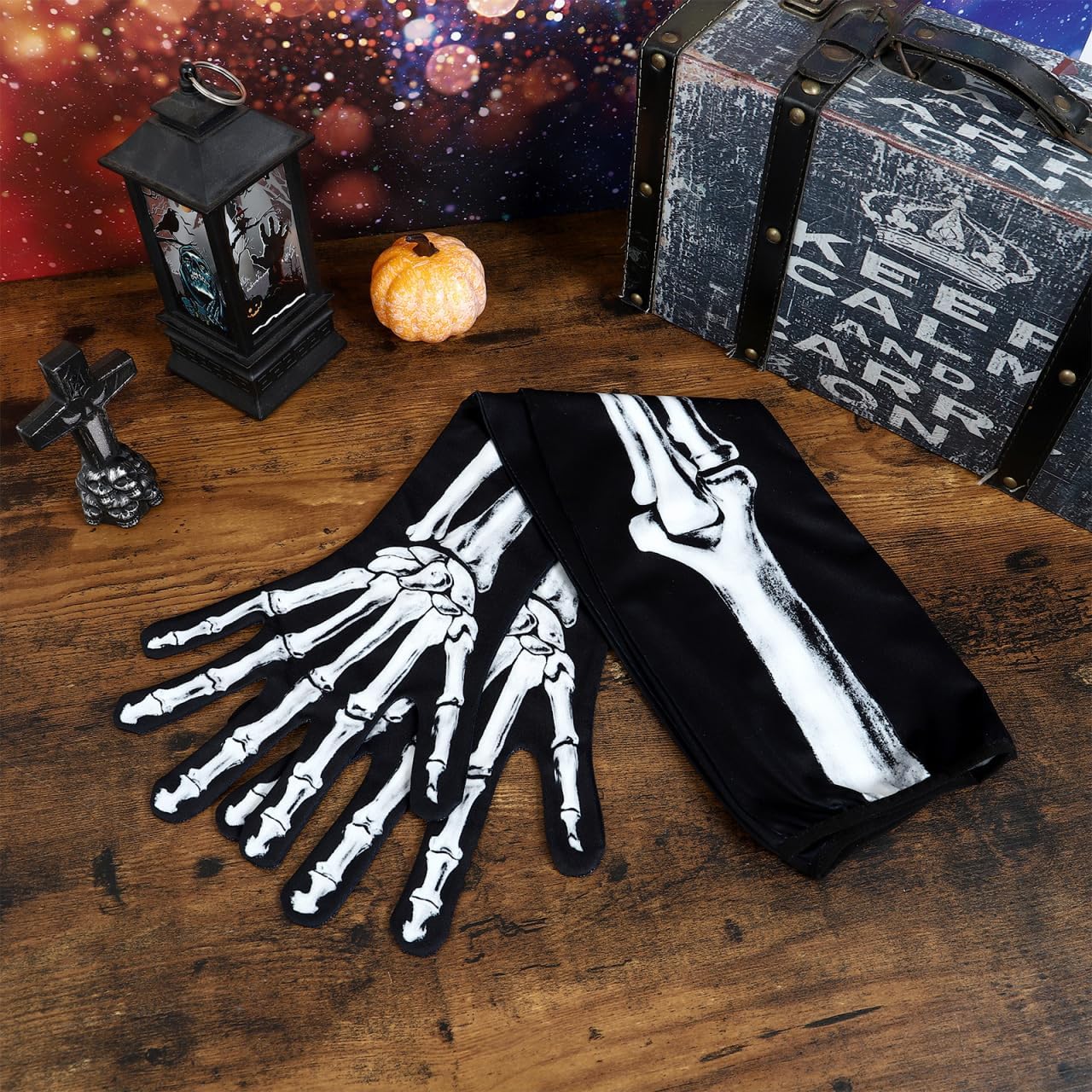 BESTOYARD Halloween Skeleton Gloves, Full Finger Skull Gloves for Cosplay, Costume Gothic Bone Accessories, Stretchy Full Finger Bone for Adults