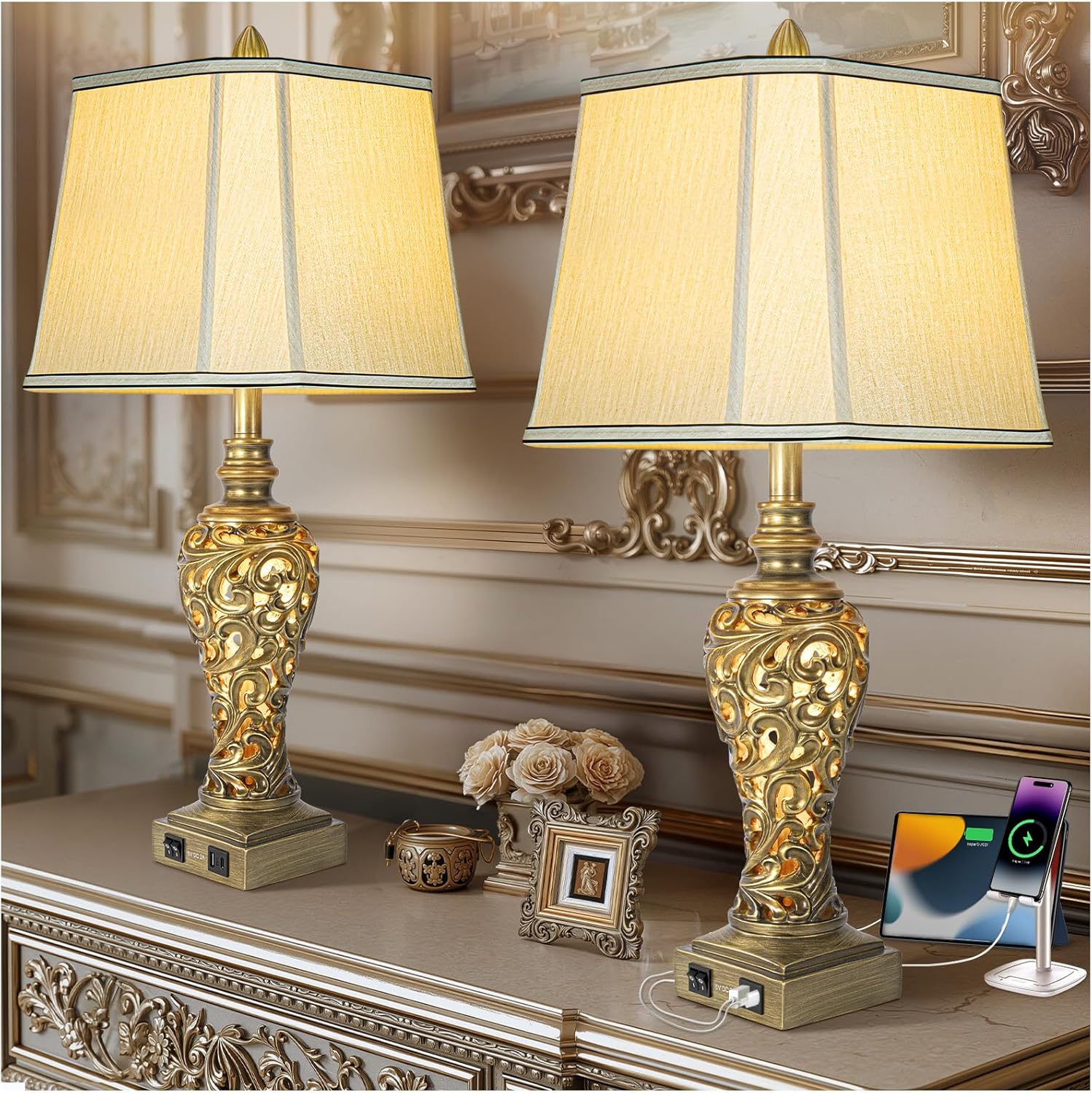 28.5'' Table Lamps Set of 2 for Living Room, Vintage Bedside Lamps with USB A+C Ports & Nightlight, Farmhouse Nightstand Lamps with Faux Silk Shade for Bedroom, Study Room, Office (LED Bulbs Included) Antique Brass-Set of 2 28.5 inch
