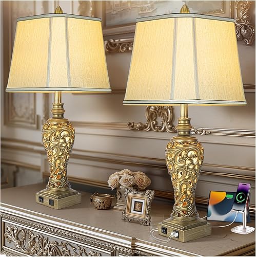 Miniatura 1 de Juego de 2 lámparas de mesa de 28.5 pulgadas para sala de estar, lámparas de noche vintage con puertos USB A+C y luz nocturna, lámparas de mesita de