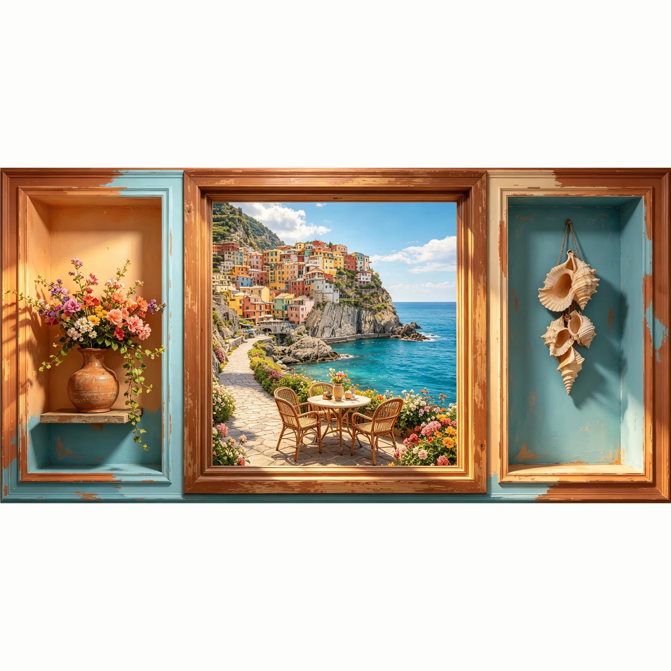 QZLITHOTIC 50x100cm 3D Framed Wall Art， Coastal Mediterranean Village Sea View Self‑Adhesive Mural， Water‑Activated Peel & Stick Fabric Decor Wall Decal for Bedroom Living Room