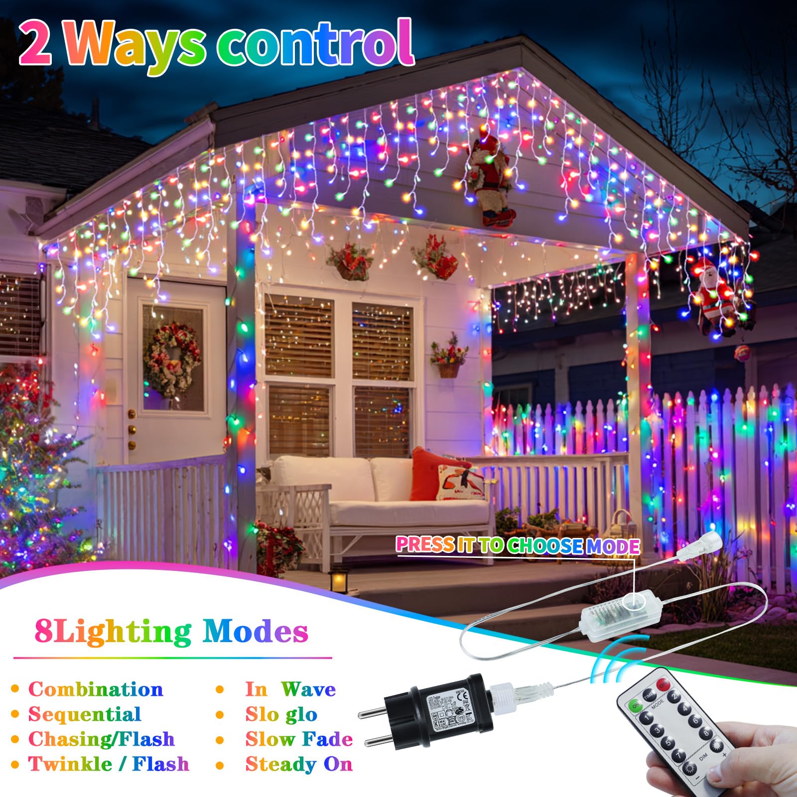 3 IN1 Luci di Natale da Esterno, 20m+5m 660LED Luci Natalizie da Esterno Cascata con Telecomando Timer 8 Modalità, IP65 Impermeabile Luci di Natale per Bordo Tetto Balcone Natalizia