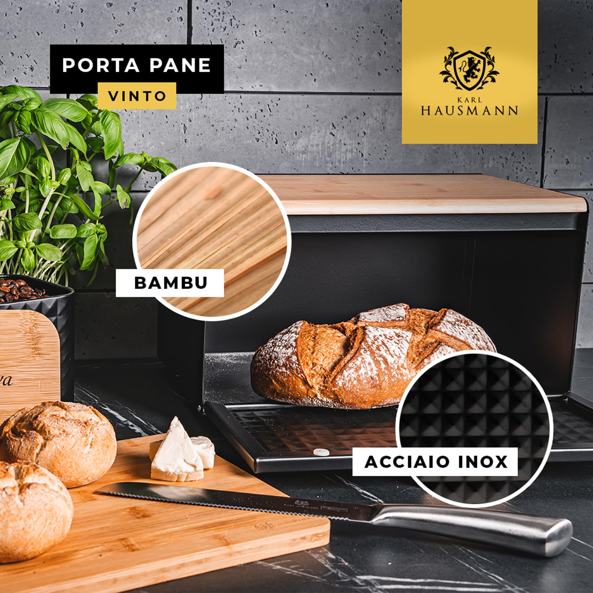 KARL HAUSMANN Portapane Grigio in Metallo con Coperchio in Bambù - Mantiene il pane fresco più a lungo | Ampio contenitore per pane da cucina e piano di lavoro | Chiusura magnetica