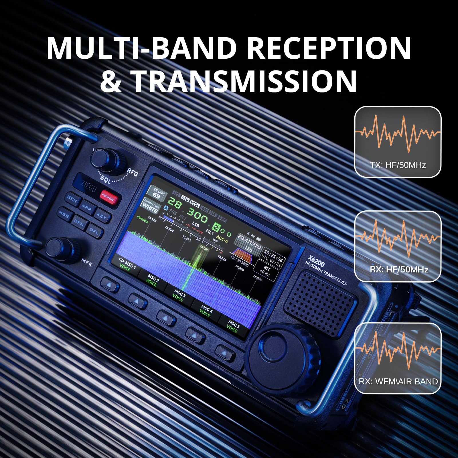 Xiegu Radio HF portátil X6200, receptor HF/50MHz/WFM/AIR con sistema de escaneo directo HF, batería intercambiable de 3200 mAh, pantalla LC de 10 cm, admite modulación SSB/CW/AM/NFM/DIGI/WFM