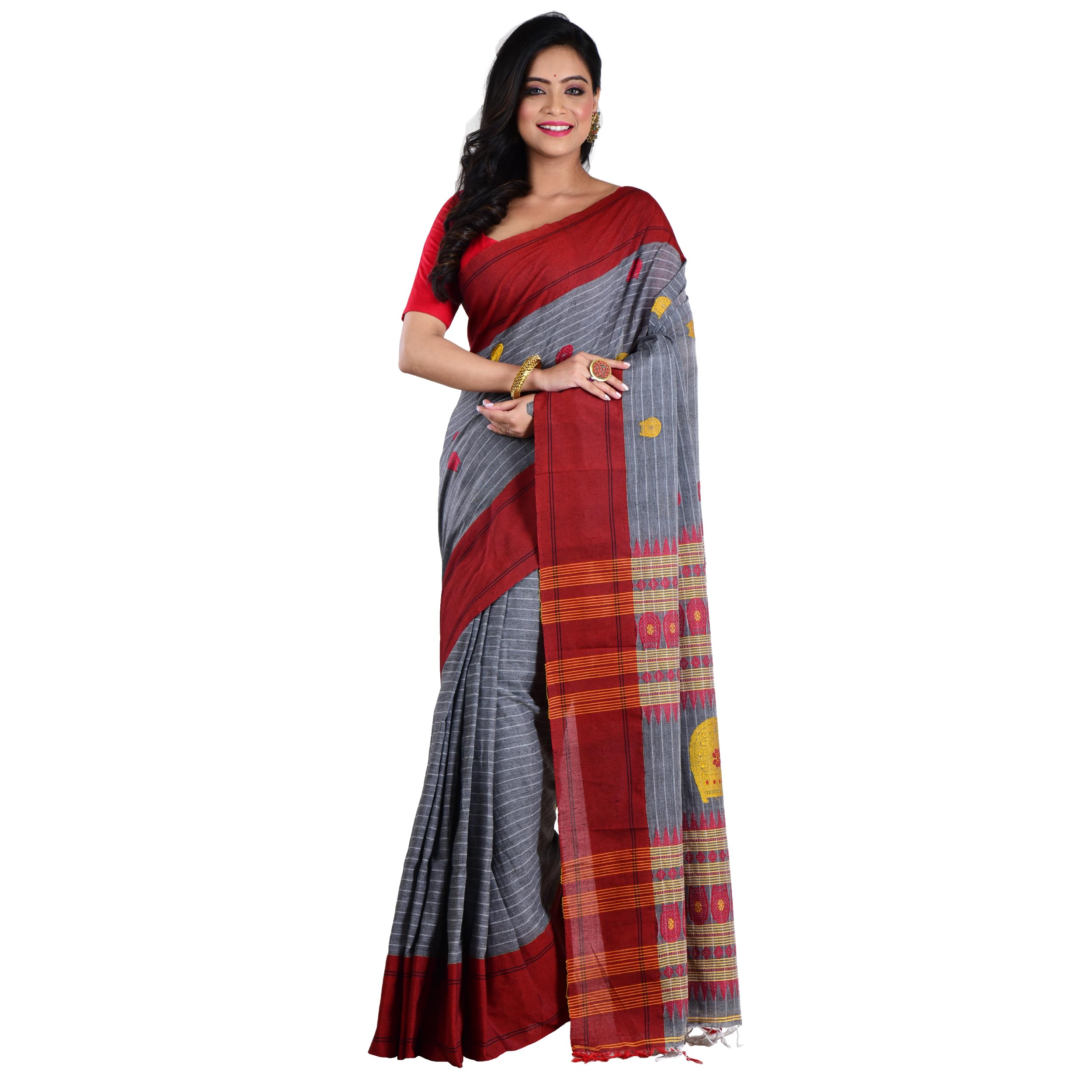 Aishani CollectionWoven Kulo Motif Pure Cotton Festive Handloom Saree with bp (Grey, Red)