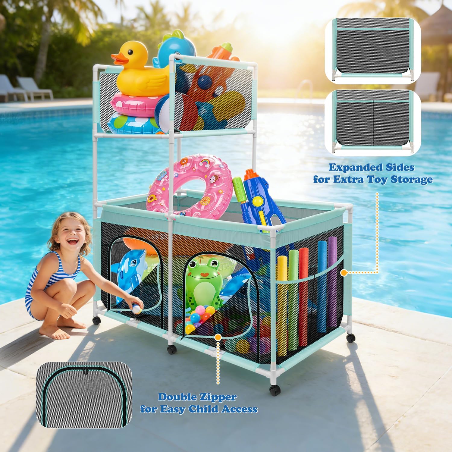 Pool Float Storage Organizer – 2-in-1 Large Outdoor Pool Toy Holder for Noodles, Floats, Balls, Towels – Durable Mesh Rolling Cart Bin with Side Pockets, Swimming Pool Accessory
