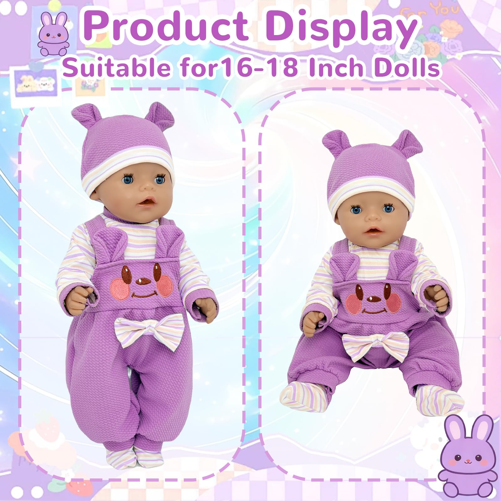 Baby Doll Clothes Outfit for 14-18 Inch Dolls (35-45 cm), 5‑Piece Purple Bear Baby Doll Outfit Set including Onesie, Hat - Image 4