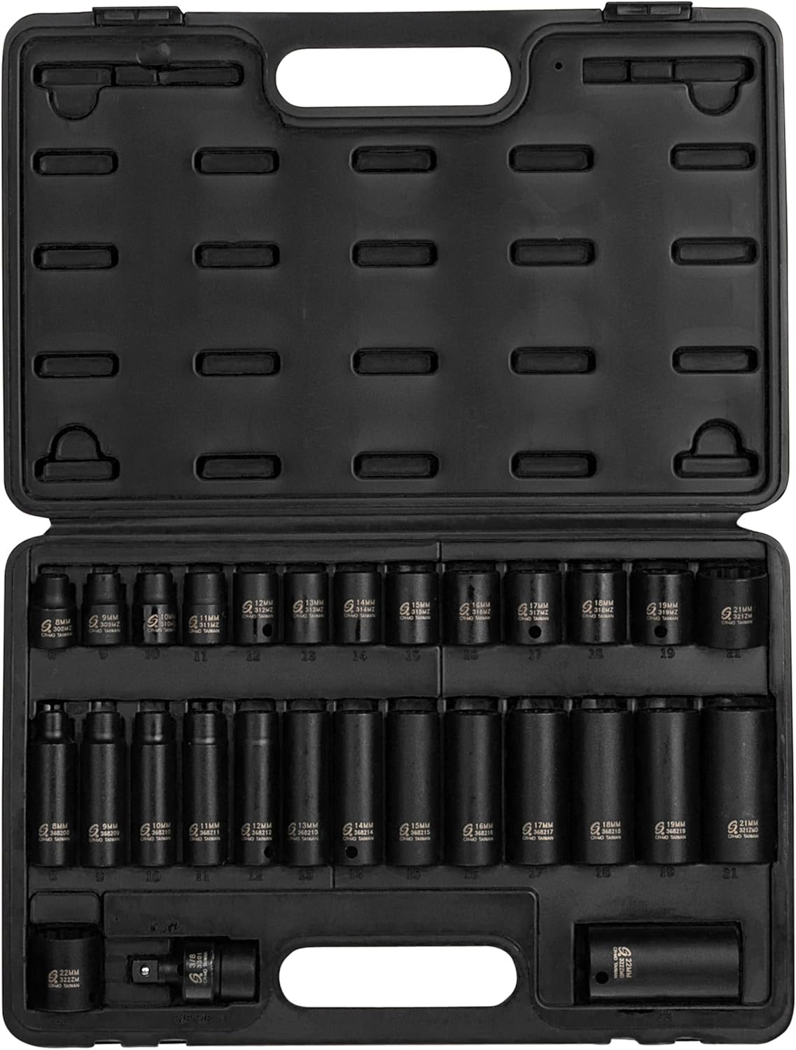 SUNEX TOOLS 3330, 3/8 Inch Drive Master Impact Socket Set, 12-Point, 29-Piece, Metric, 8mm-22mm, Standard/Deep, Cr-Mo Steel, Heavy Duty Storage Case, Includes Universal Joint