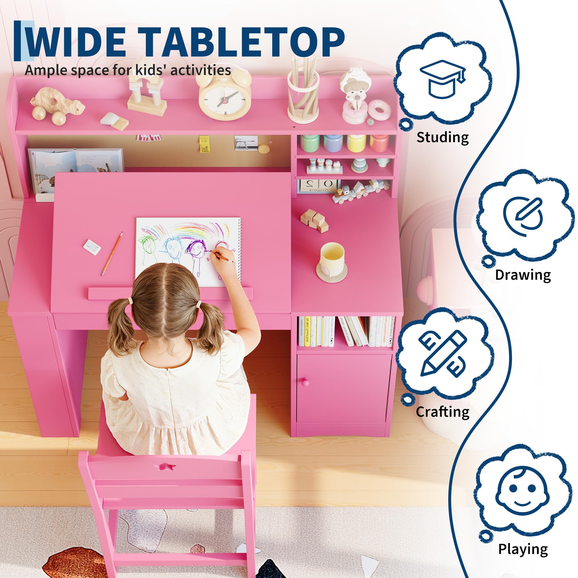 Escritorio Infantil 2 en 1 con 0-40° Soporte Elevador de Escritorio, Mesa con Silla Escritorio de Madera, Estante para Libros, Área de Almacenamiento y Taquilla con Puerta, 3+