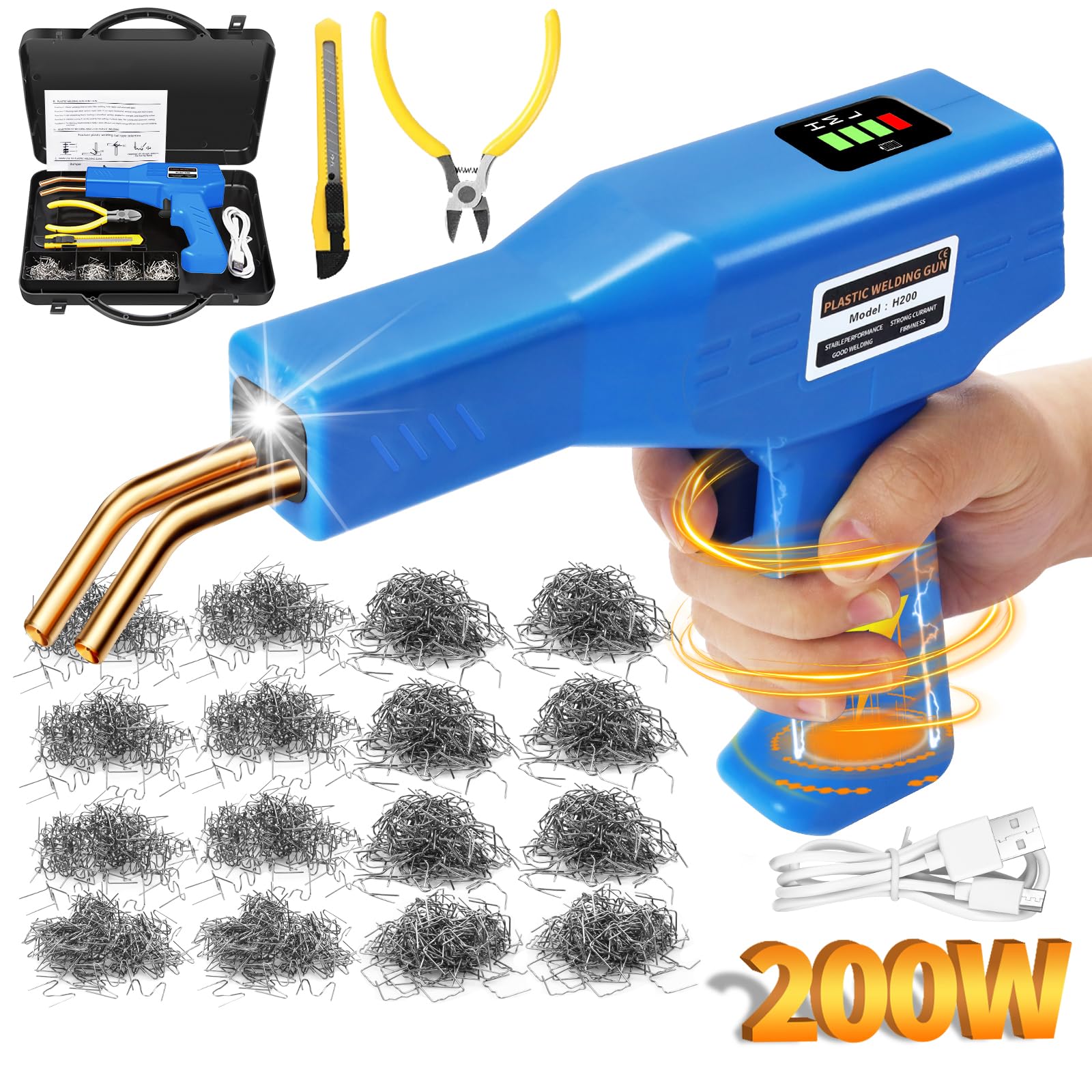 200W Soldador de Plástico, Inalámbrico Soldadura Plástico, Soldador Plastico con Batería 5000mA＆1050PCS Grapas, USB Recargable Soldar Plastico Kit para Reparación de Parachoques de Coche