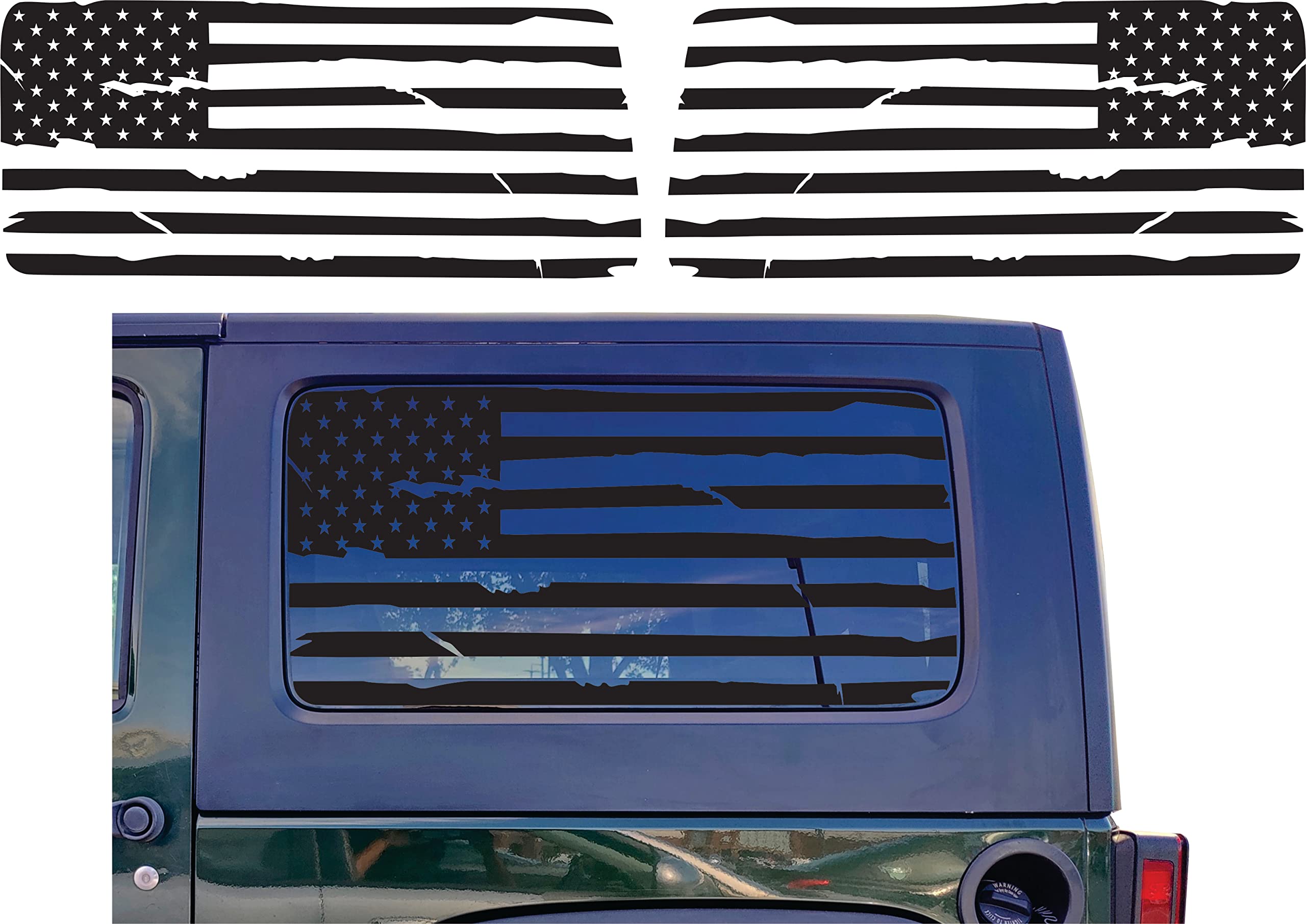 Compatible with Jeep Wrangler JL (2 Door) 2018-2022 Precut American Flag Window Decals Both Side Proudly Made in The US Matte Black (Distressed)
