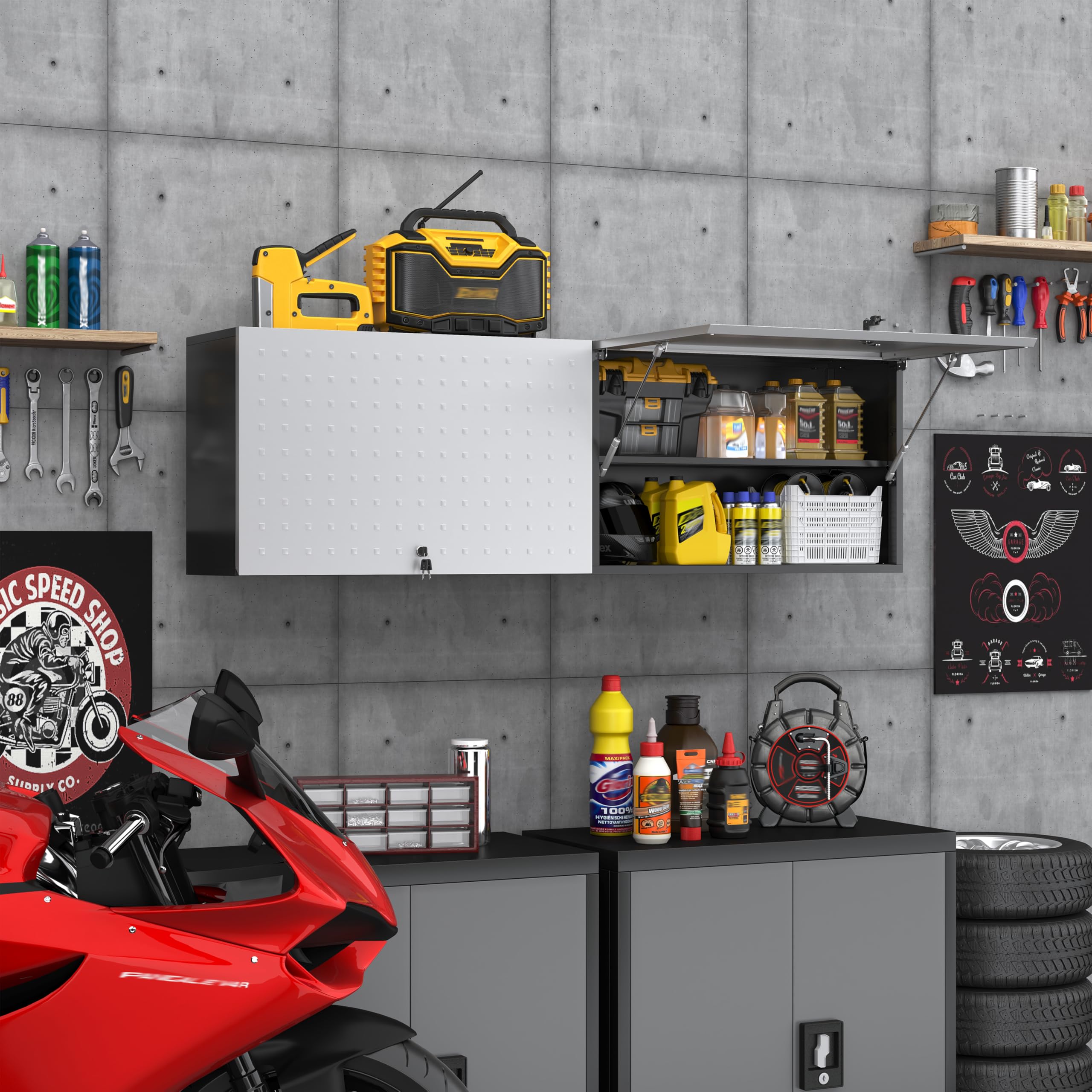 Werkzeugschrank Hängeschrank,Werkstattschrank Metall Wandschrank mit Abschließbar &Verstellbarem Regal Wandregal Stahlschrank für Garage,Werkstatt,Badezimmer,Küche 50x80x32cm(Grau)