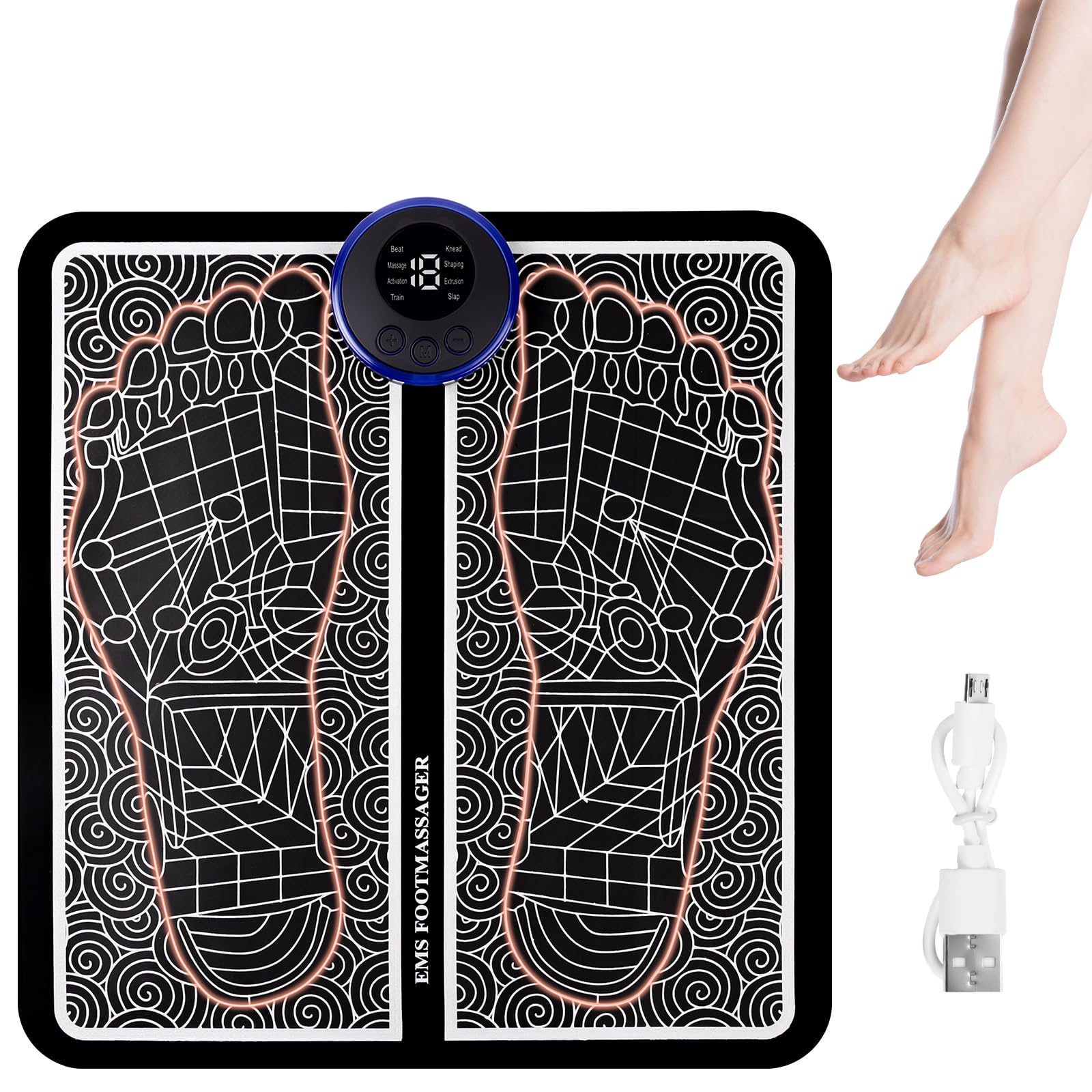 OSDUE Masajeador de Pies Eléctric, 8 Modos 19 Niveles de Intensidad, para Alivio del Dolor Plantar, Relajación Muscular, Mejorar la Circulación Sanguínea, con Mejor Acariciar Apretar Entrenar Modos B