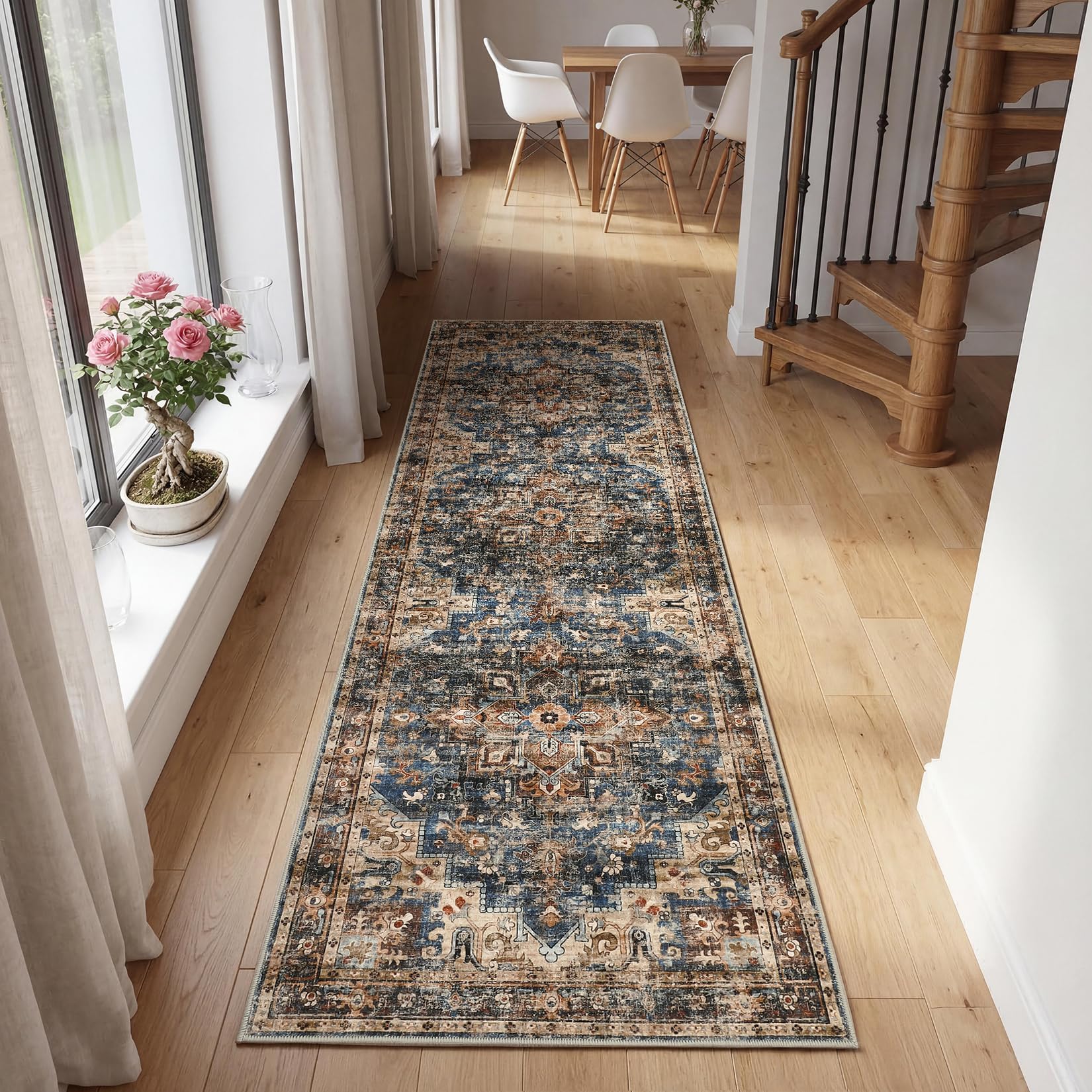 FairyStyle Washable Kitchen Runner Rugs Non Slip Classic Botanical Grove Vintage Cottage Long Rug for Hallways Bedroom TPE Rubber Backing 60x180cm Blue&Brown