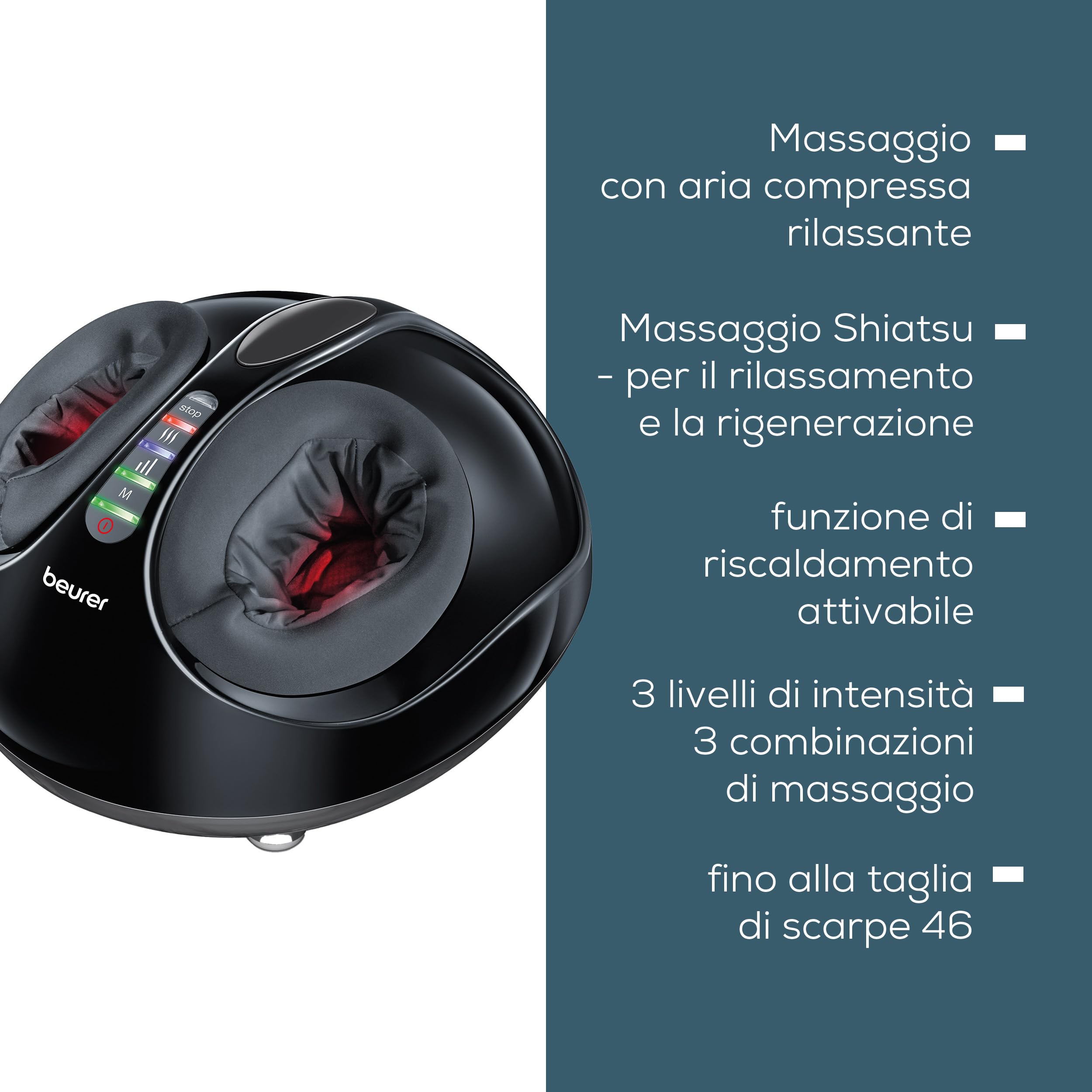 Beurer FM 90 Massaggiatore Plantare Shiatsu con Aria Compressa, Funzione Calore, 3 Programmi e Intensità Regolabile, Massaggio Riflessologico per Piedi e Talloni, Fodera Lavabile, fino al 46